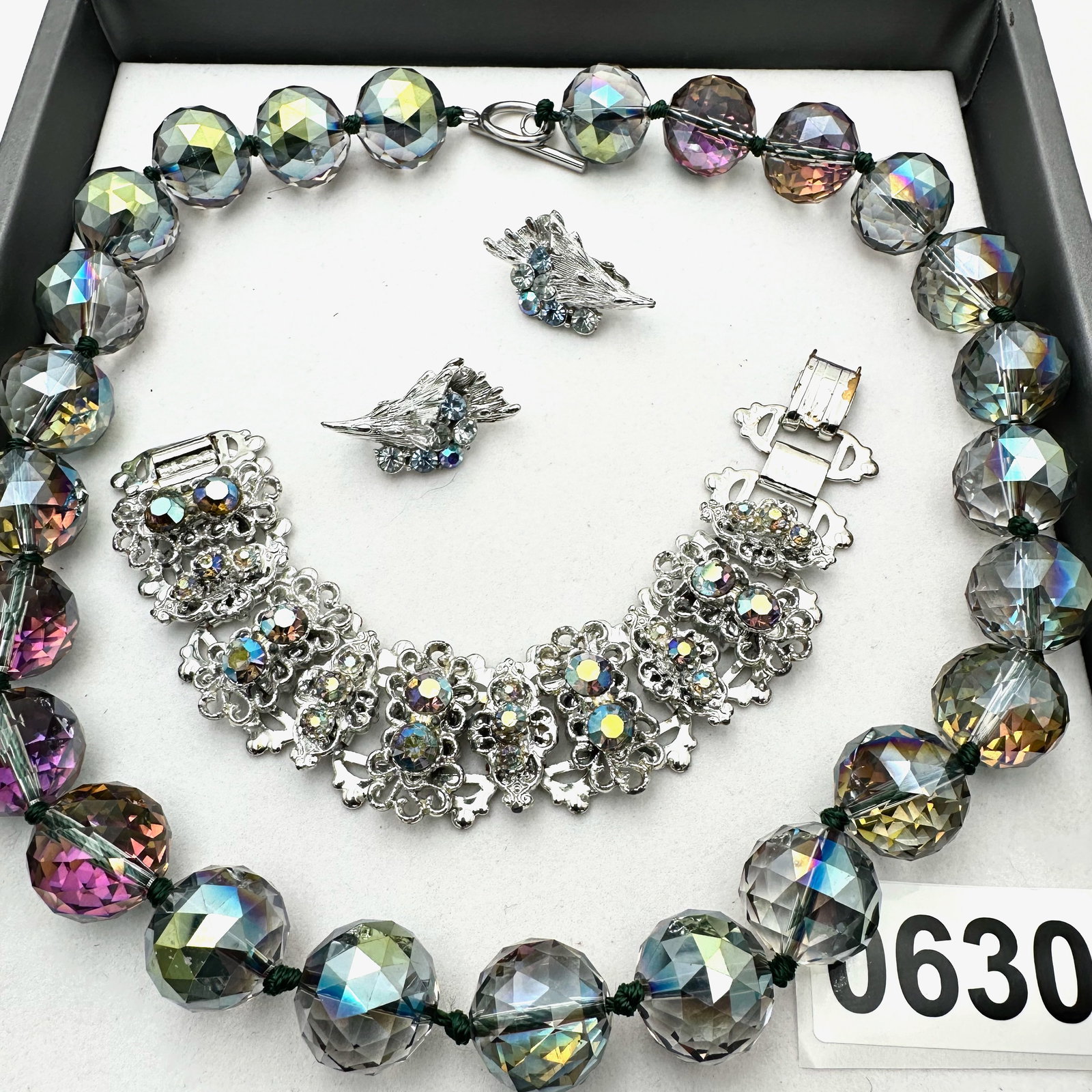 Vintage and Modern Jewelry Group Lot Aurora Borealis Crystal Necklace Silver Bracelet and Clip: Vintage and Modern Jewelry Group Lot Aurora Borealis Crystal Necklace Silver Bracelet and Clip Earrings