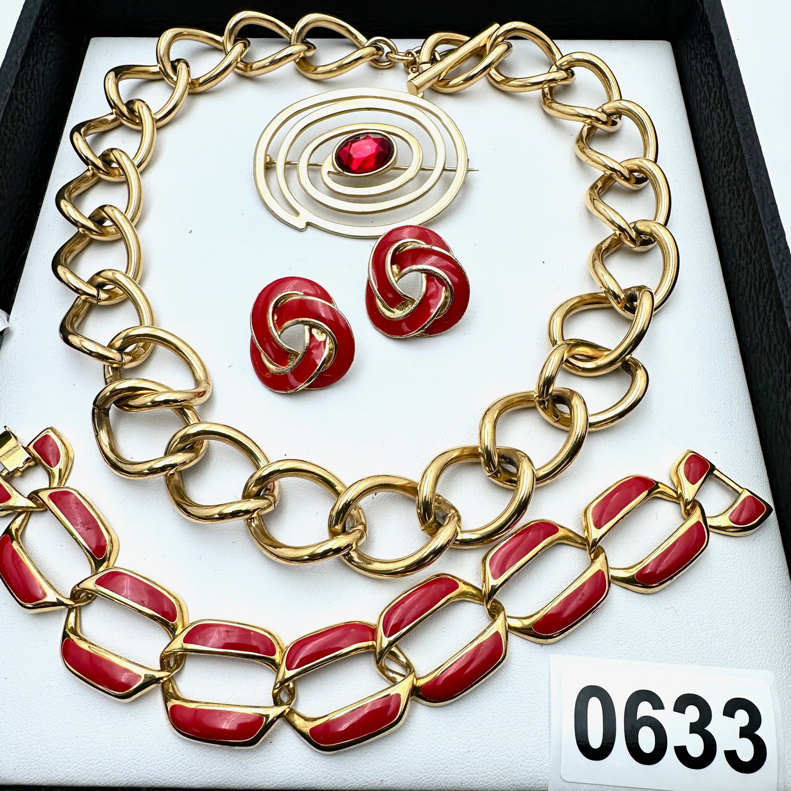 Vintage and Modern Jewelry Group Lot 1980s Era Gold Tone Red Enamel Bracelet Earrings Brooch: Vintage and Modern Jewelry Group Lot 1980s Era Gold Tone Red Enamel Bracelet Earrings Brooch