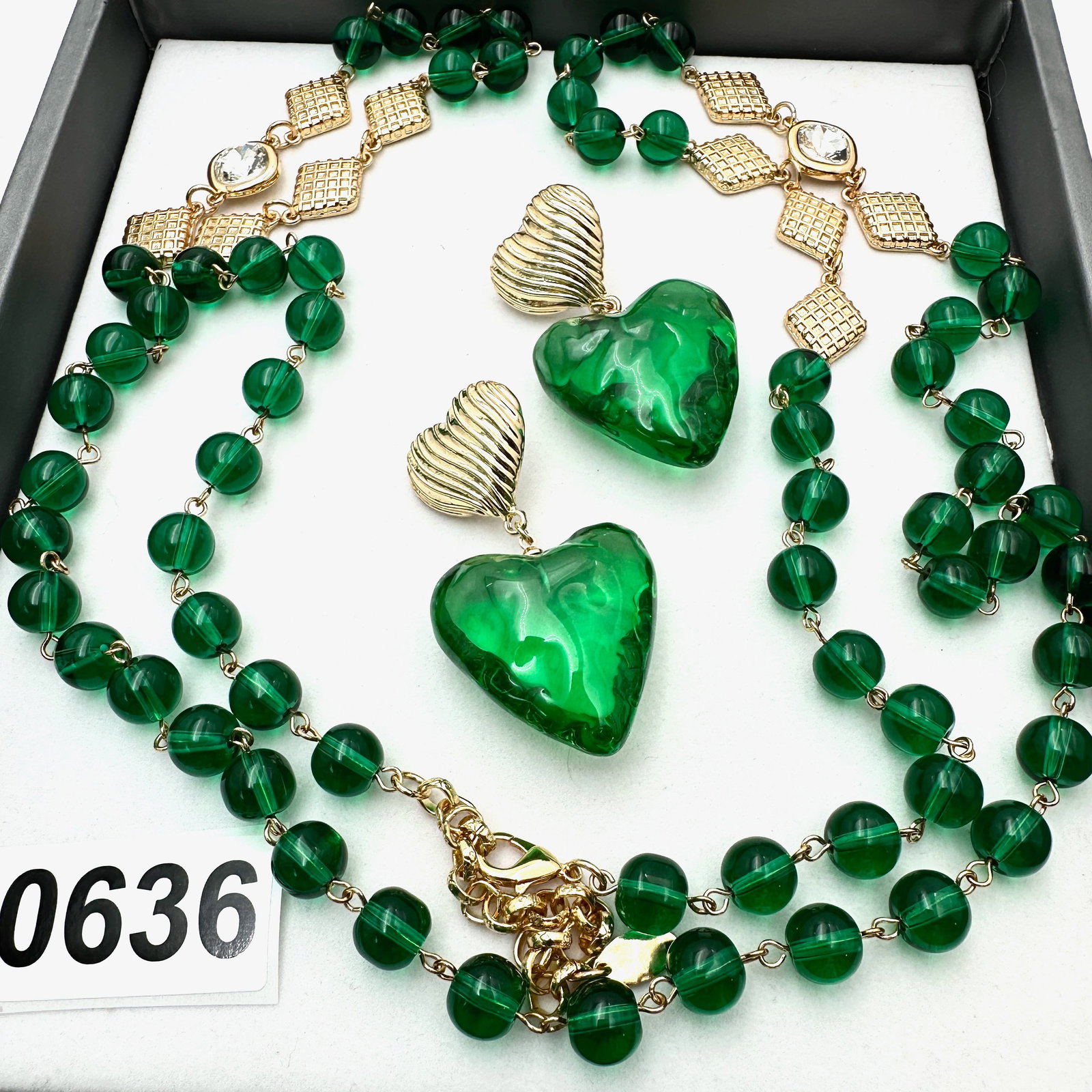 Vintage and Modern Jewelry Group Lot Green Glass Bead Necklace Large Lucite Heart Pierced Earrings (1 of 2)