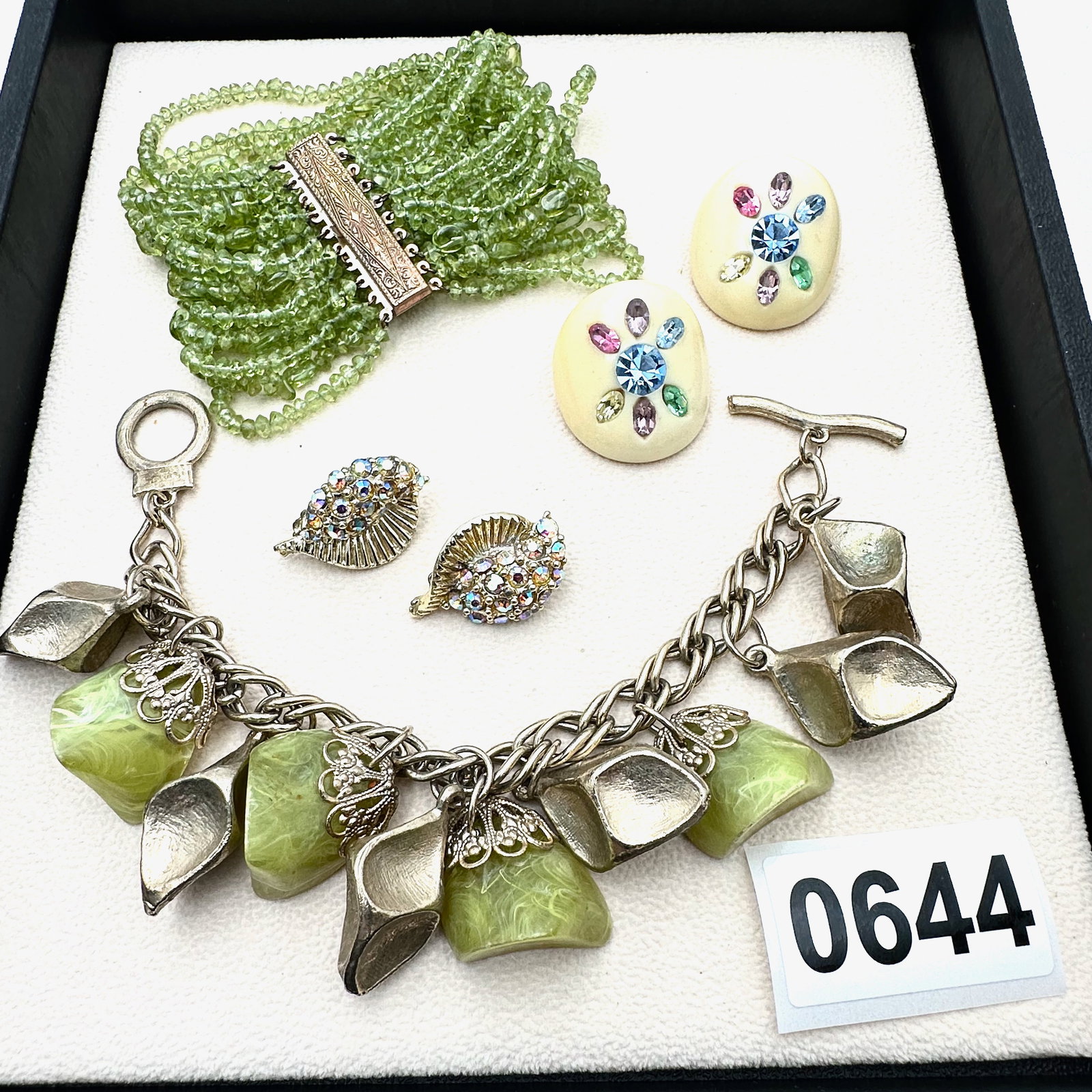 Vintage and Modern Jewelry Group Lot Mid Century Lucite Bracelet and Earrings Peridot Multistrand (1 of 2)