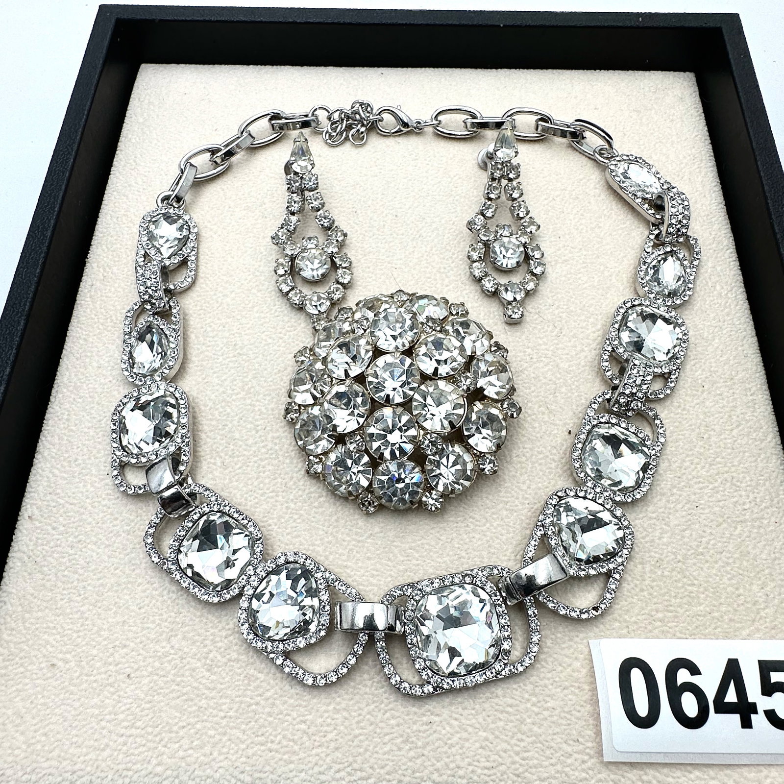 Vintage and Modern Jewelry Group Lot Clear Rhinestone and Crystal Necklace Brooch and Earrings: Vintage and Modern Jewelry Group Lot Clear Rhinestone and Crystal Necklace Brooch and Earrings