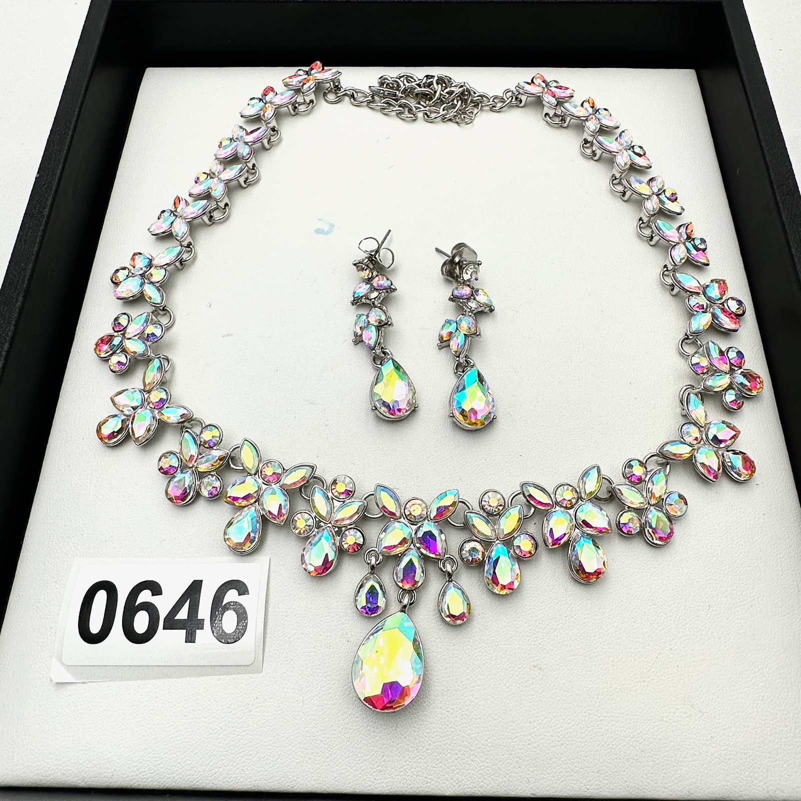 Aurora Borealis Crystal Silver Tone Statement Necklace and Pierced Chandelier Earrings: Aurora Borealis Crystal Silver Tone Statement Necklace and Pierced Chandelier Earrings