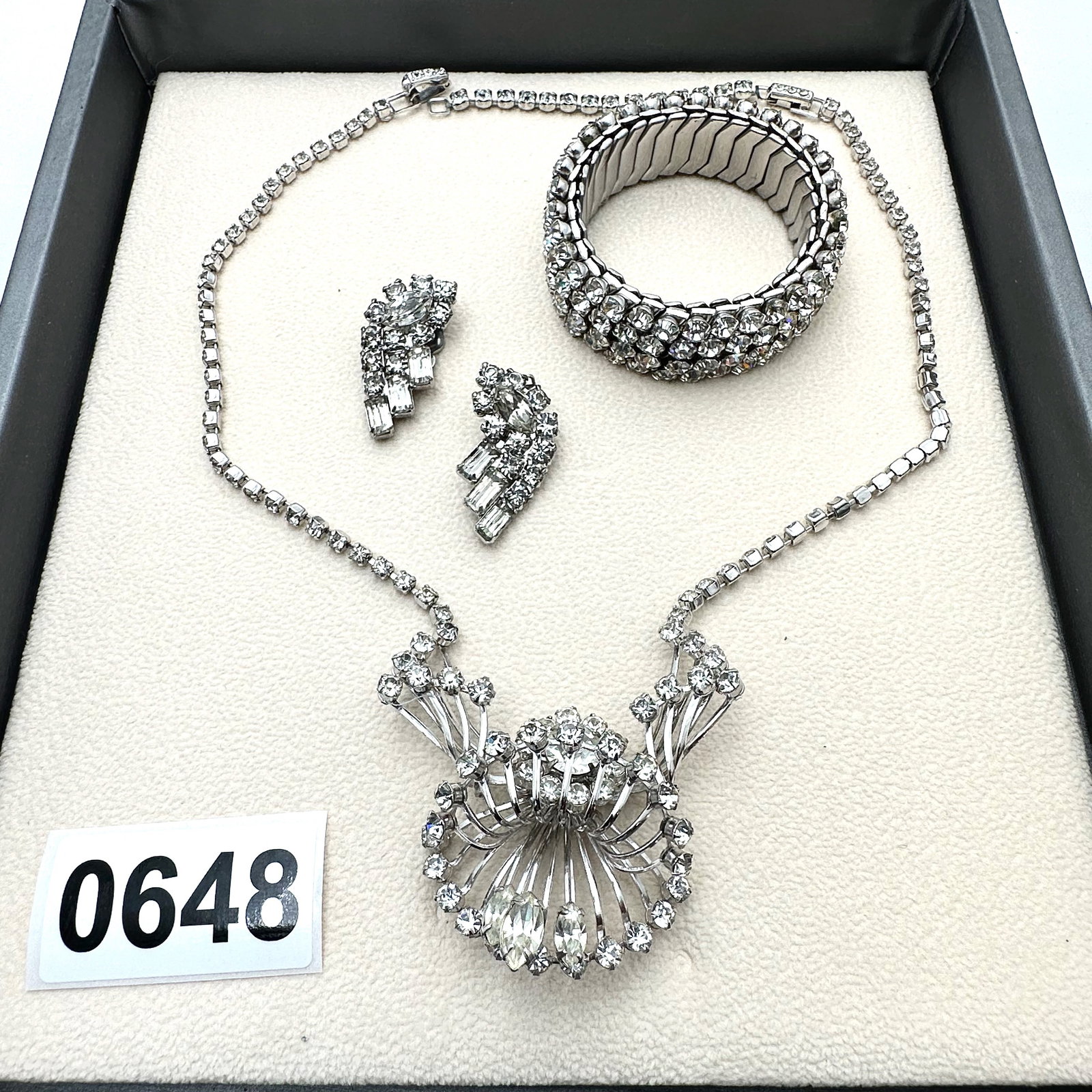 Vintage and Modern Jewelry Group Lot Clear Glass Rhinestone Necklace Clip Earrings Expandable: Vintage and Modern Jewelry Group Lot Clear Glass Rhinestone Necklace Clip Earrings Expandable Bracelet
