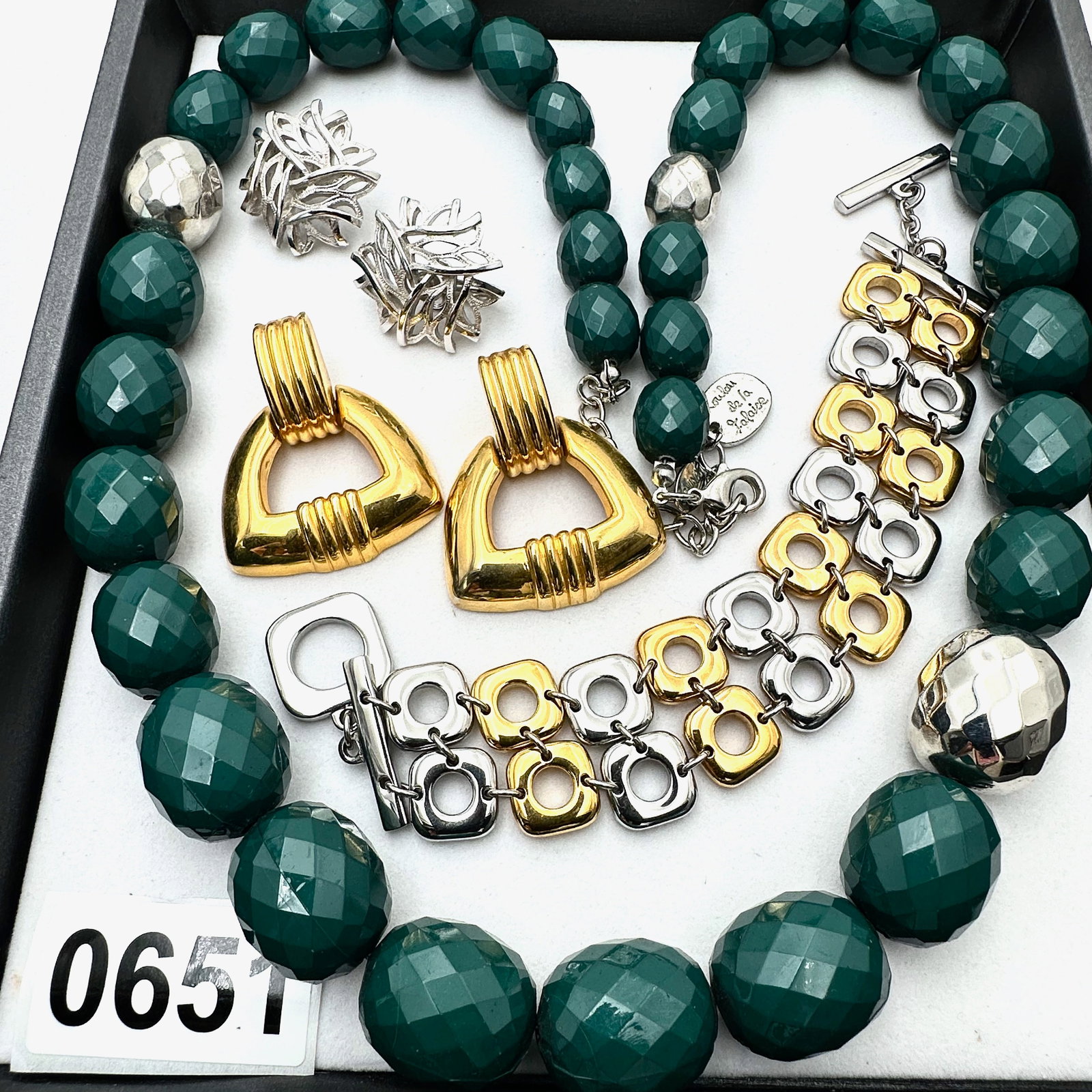 Vintage Loulou de la Falaise Saint Laurent Designer Green and Silver Faceted Glass Bead Necklace and: Vintage Loulou de la Falaise Saint Laurent Designer Green and Silver Faceted Glass Bead Necklace and More