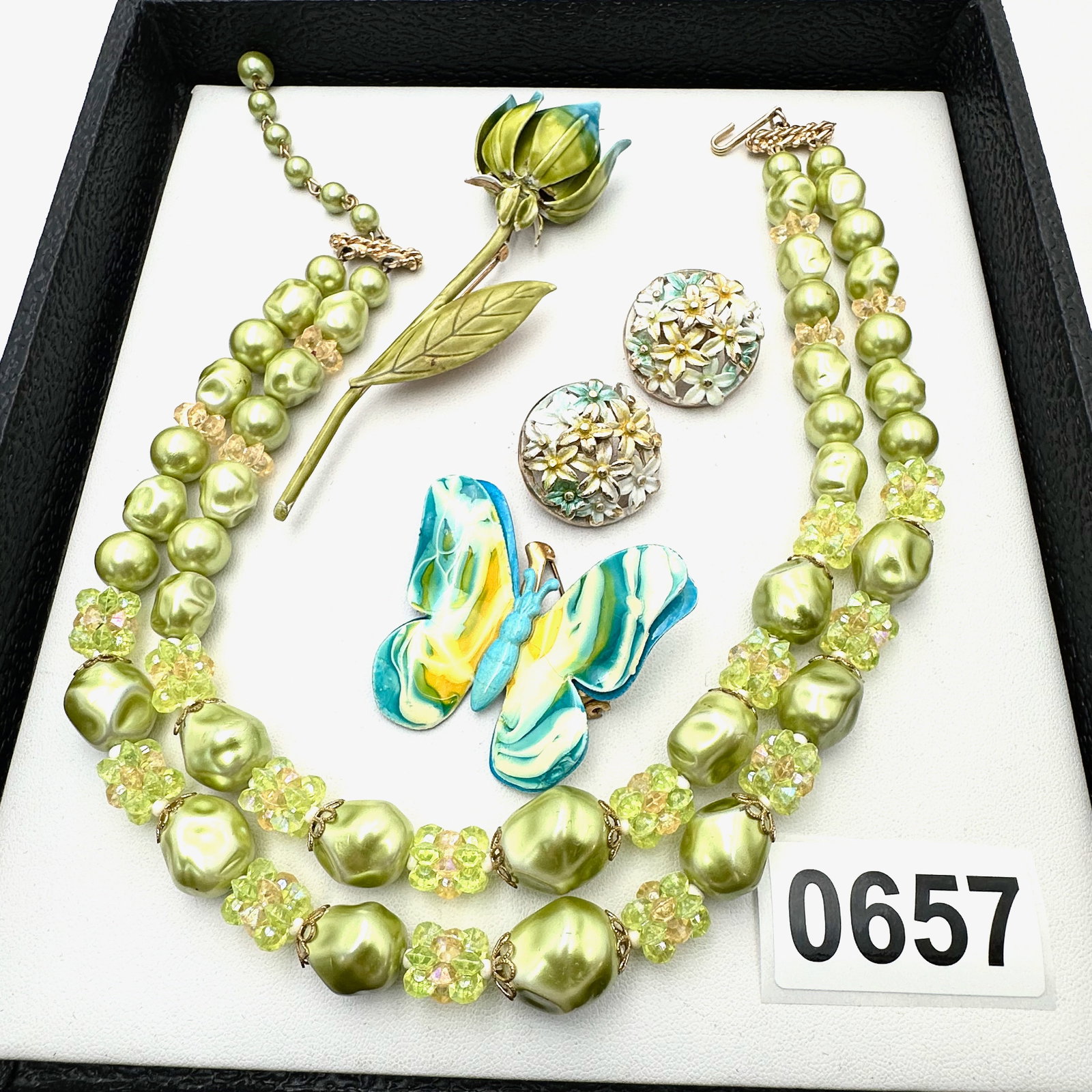 Vintage and Modern Jewelry Group Lot Lime Green Necklace Enamel Flower Butterfly Brooch Clip: Vintage and Modern Jewelry Group Lot Lime Green Necklace Enamel Flower Butterfly Brooch Clip Earrings
