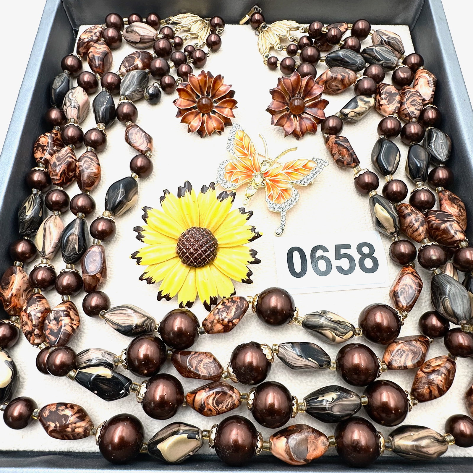 Vintage and Modern Jewelry Group Lot MCM Multi Strand Necklace Enamel Flower Brooch Earrings &: Vintage and Modern Jewelry Group Lot MCM Multi Strand Necklace Enamel Flower Brooch Earrings & Butterfly