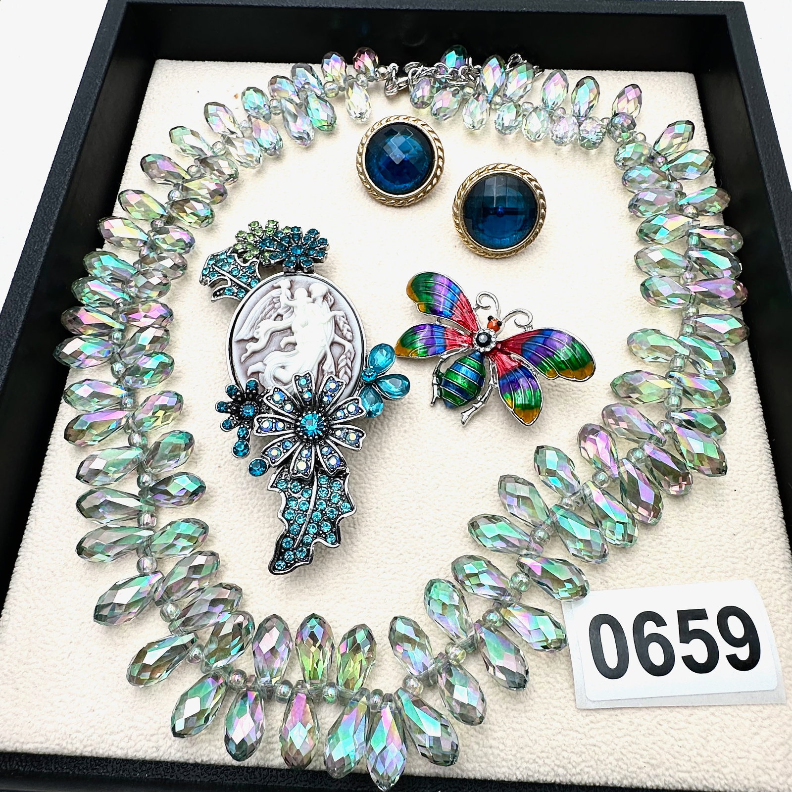 Vintage and Modern Jewelry Group Lot Aurora Borealis Necklace Cameo & Butterfly Brooch Clip Earrings (1 of 2)