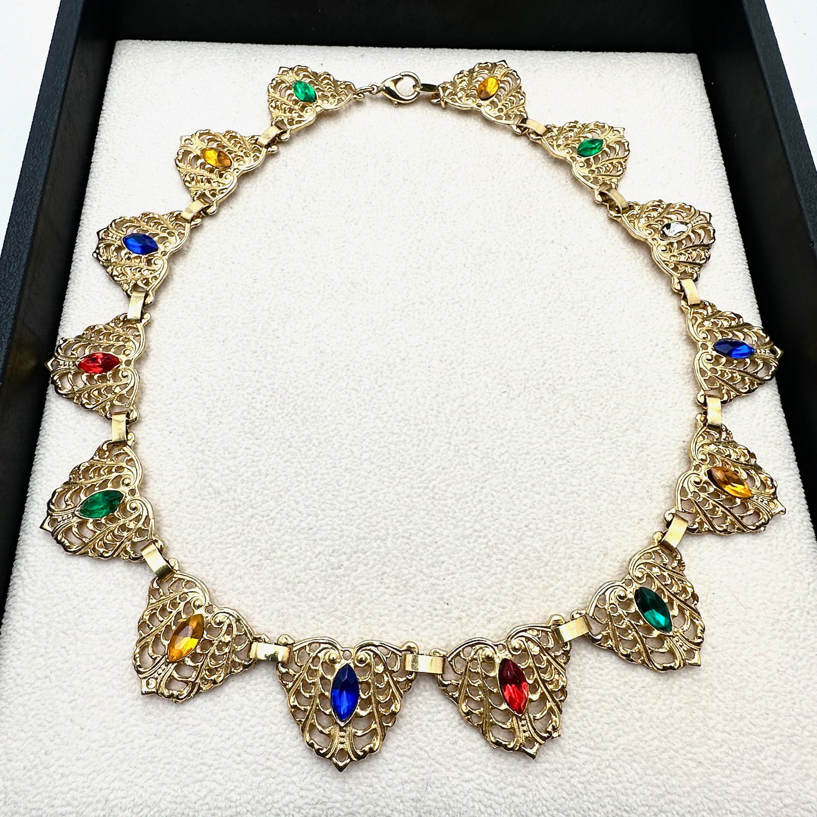 Vintage Jewel Tone Glass Rhinestone Gold Tone Filigree Choker Necklace 16 Inch: Vintage Jewel Tone Glass Rhinestone Gold Tone Filigree Choker Necklace 16 Inch