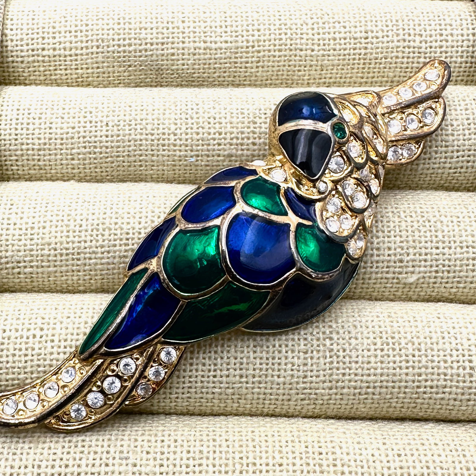 Vintage Blue Green Enamel Clear Rhinestone Gold Tone Bird Brooch Pin 3.5 Inch: Vintage Blue Green Enamel Clear Rhinestone Gold Tone Bird Brooch Pin 3.5 Inch