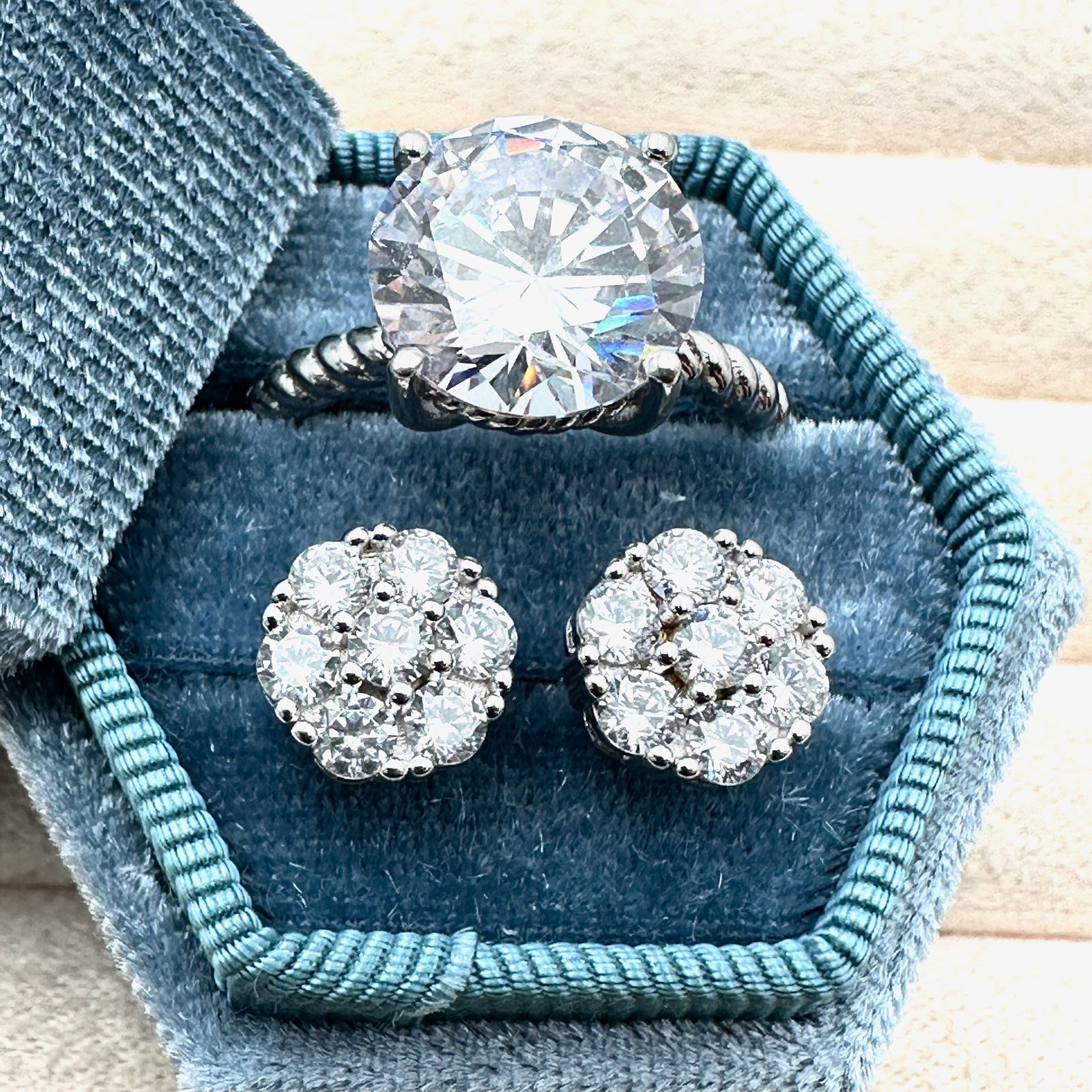 Cubic Zirconia Sterling Silver Pierced Earrings and Ring Size 10 Box Included: Cubic Zirconia Sterling Silver Pierced Earrings and Ring Size 10 Box Included