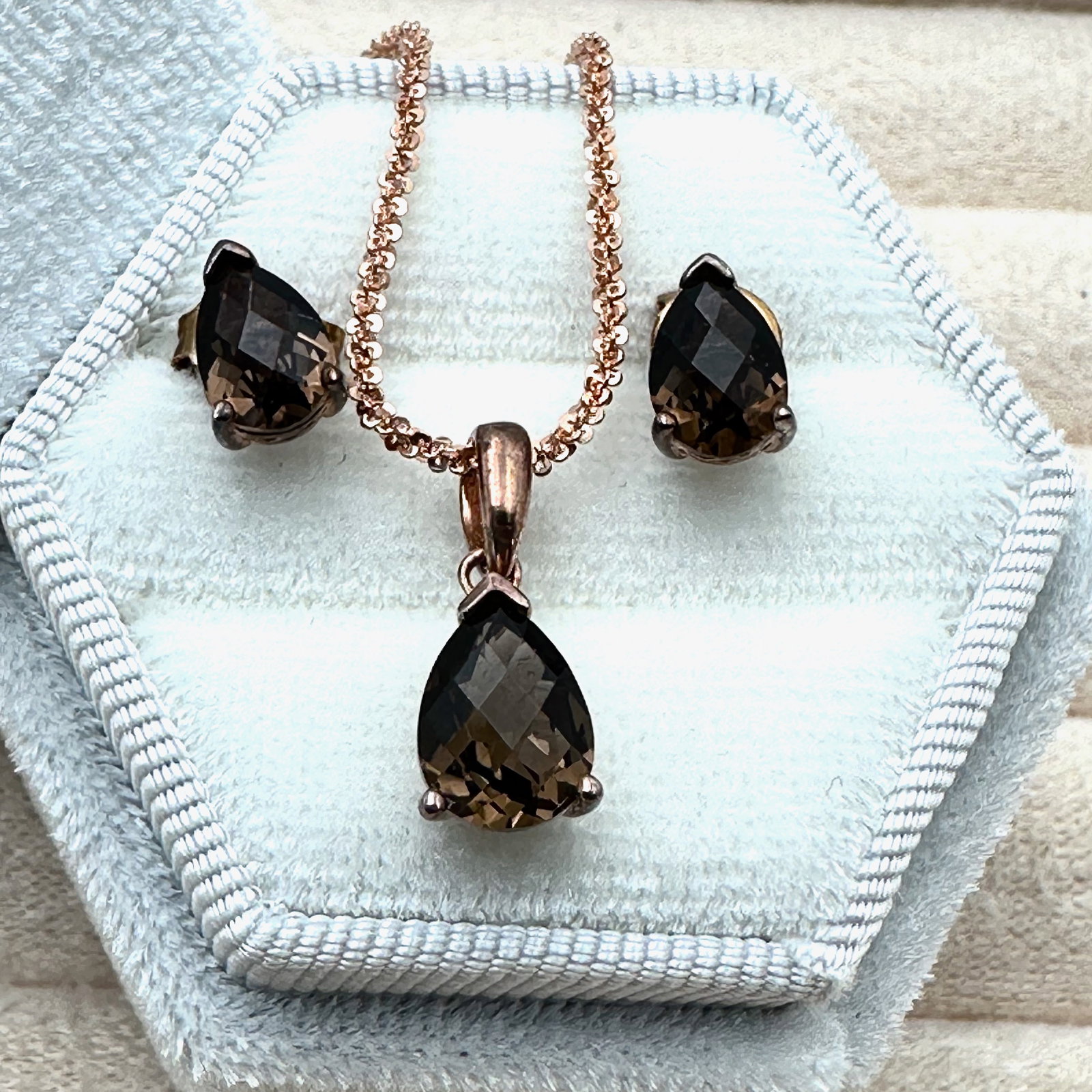 Smoky Topaz Rose Gold Plated Sterling Silver Pendant Necklace and Pierced Earrings Set Box Included: Smoky Topaz Rose Gold Plated Sterling Silver Pendant Necklace and Pierced Earrings Set Box Included