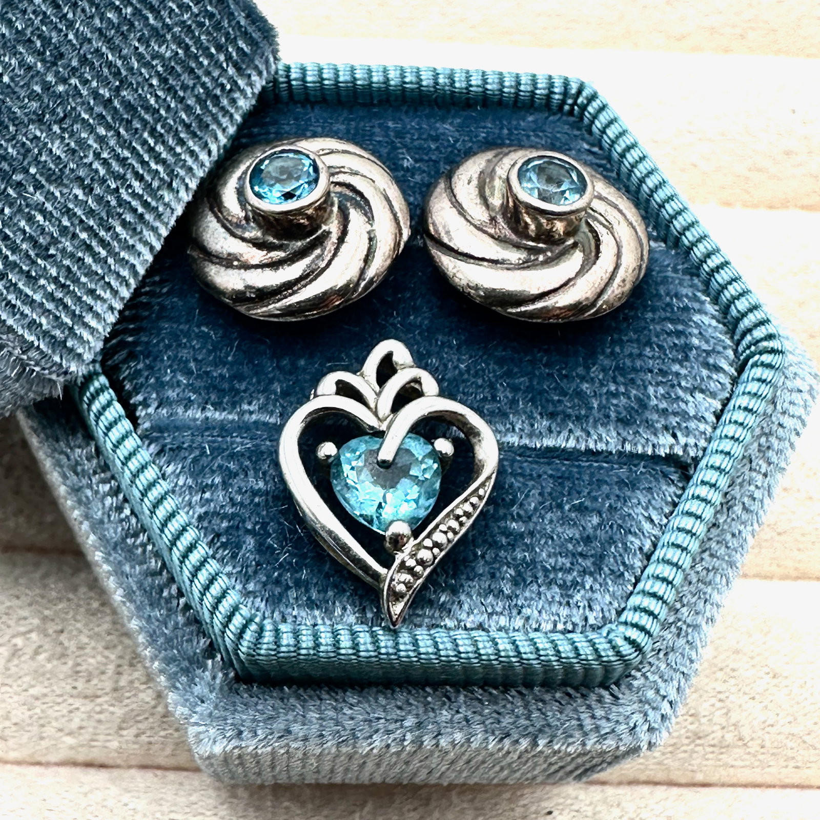 Blue Topaz Diamond Accent Heart Pendant and Pierced Earrings Box Included: Blue Topaz Diamond Accent Heart Pendant and Pierced Earrings Box Included