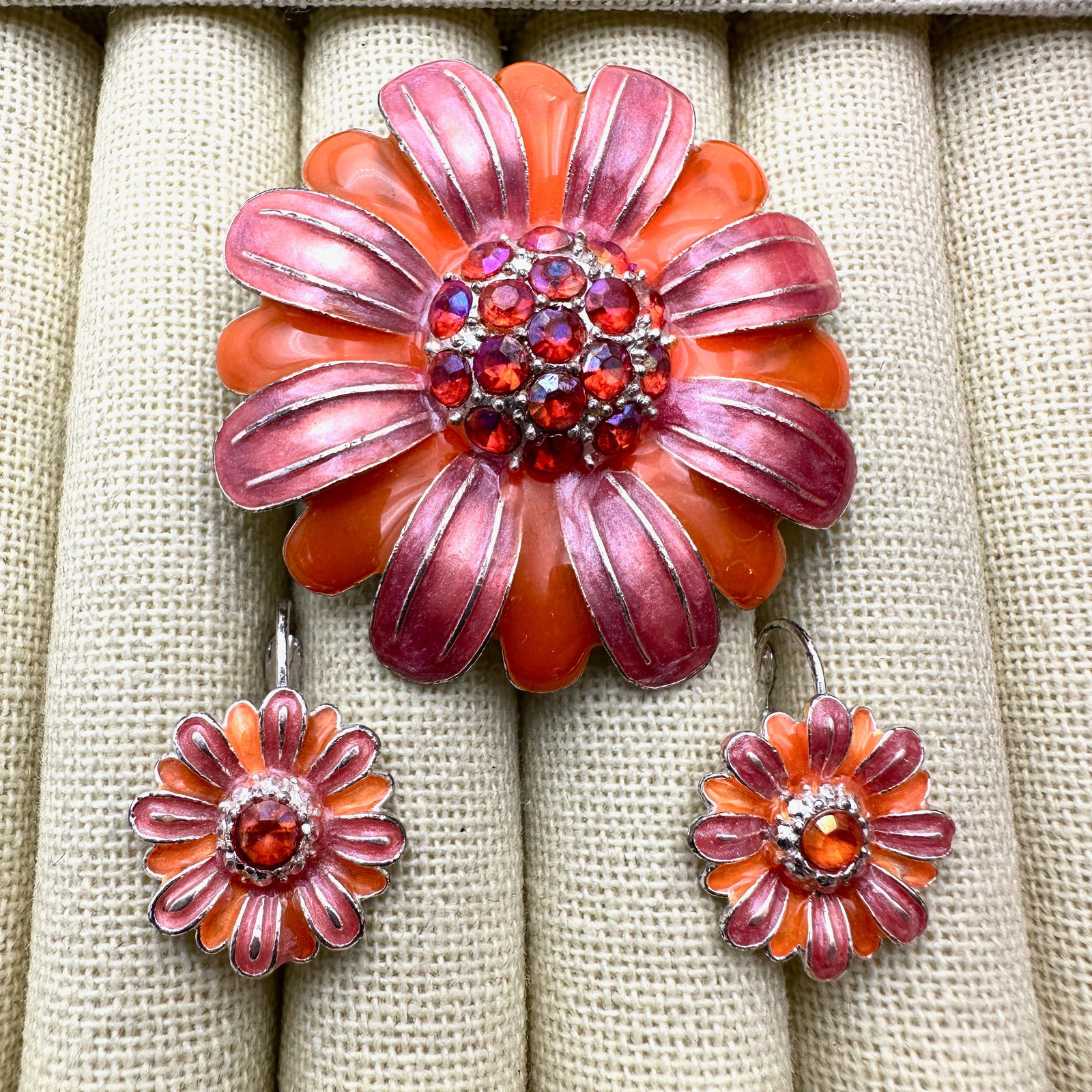 Vintage Pink and Orange Enamel Rhinestone Silver Tone Flower Brooch and Pierced Earrings Set (1 of 2)