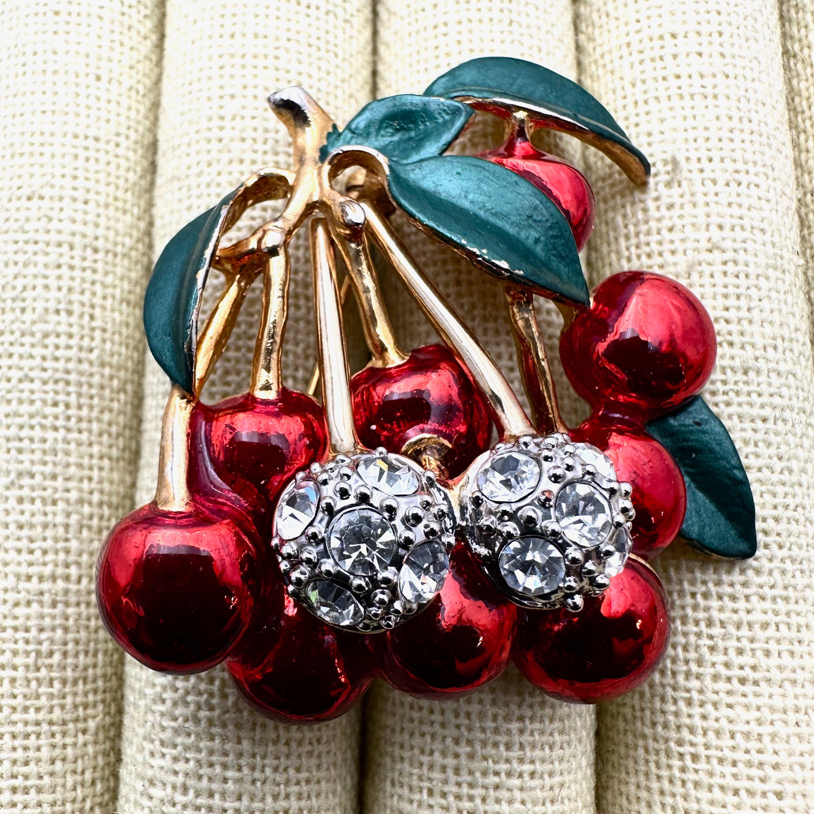Vintage Red Enamel Gold Tone Cherry Brooch Pin 2 Inch (1 of 2)
