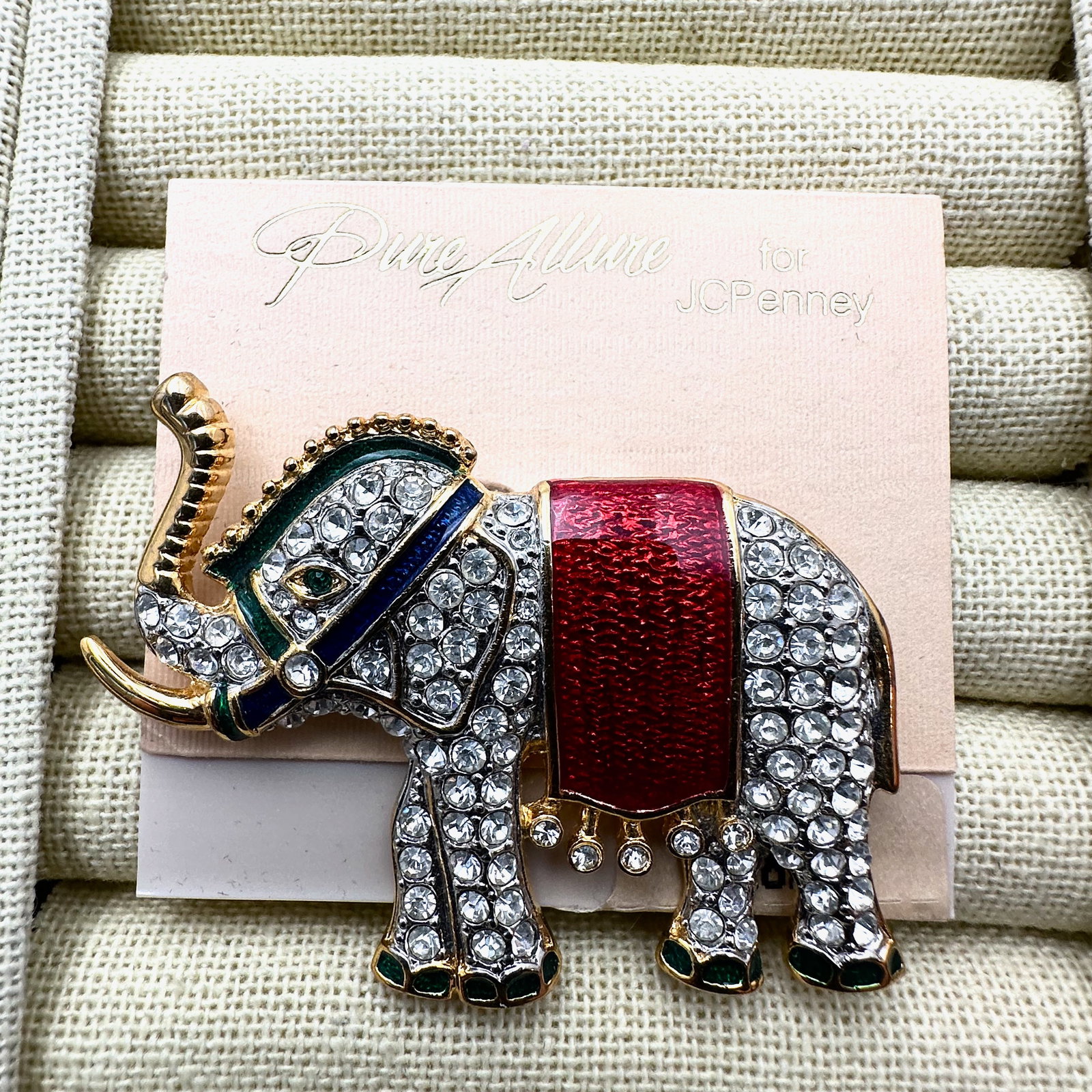 Vintage Pure Allure Brand Enamel and Crystal Elephant Brooch Pin on Original Card: Vintage Pure Allure Brand Enamel and Crystal Elephant Brooch Pin on Original Card