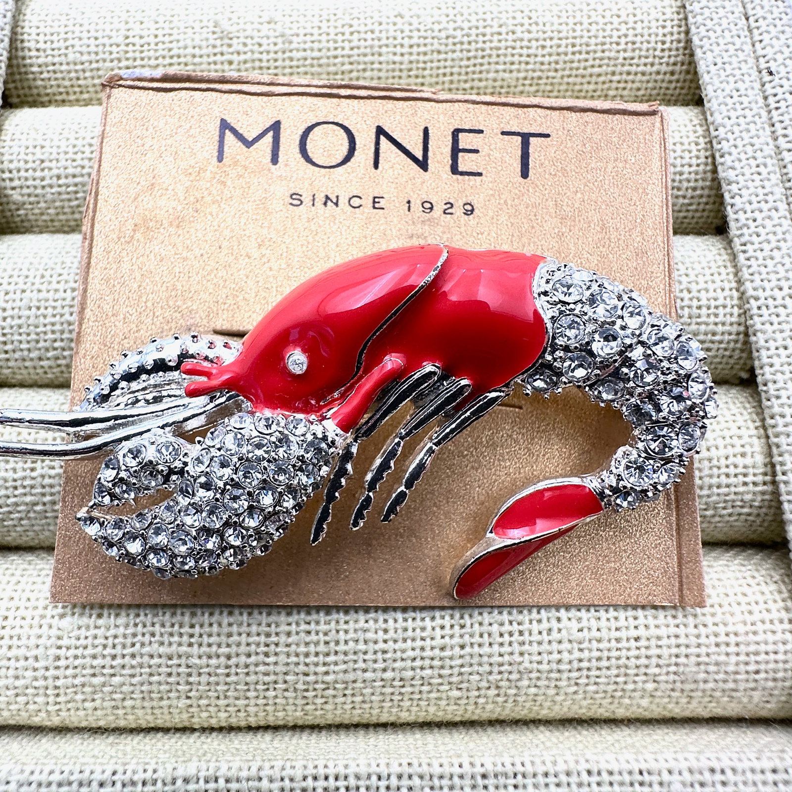 Vintage Monet Brooch Pin Crab Enamel Crystal Silver Tone Original Card: Vintage Monet Brooch Pin Crab Enamel Crystal Silver Tone Original Card