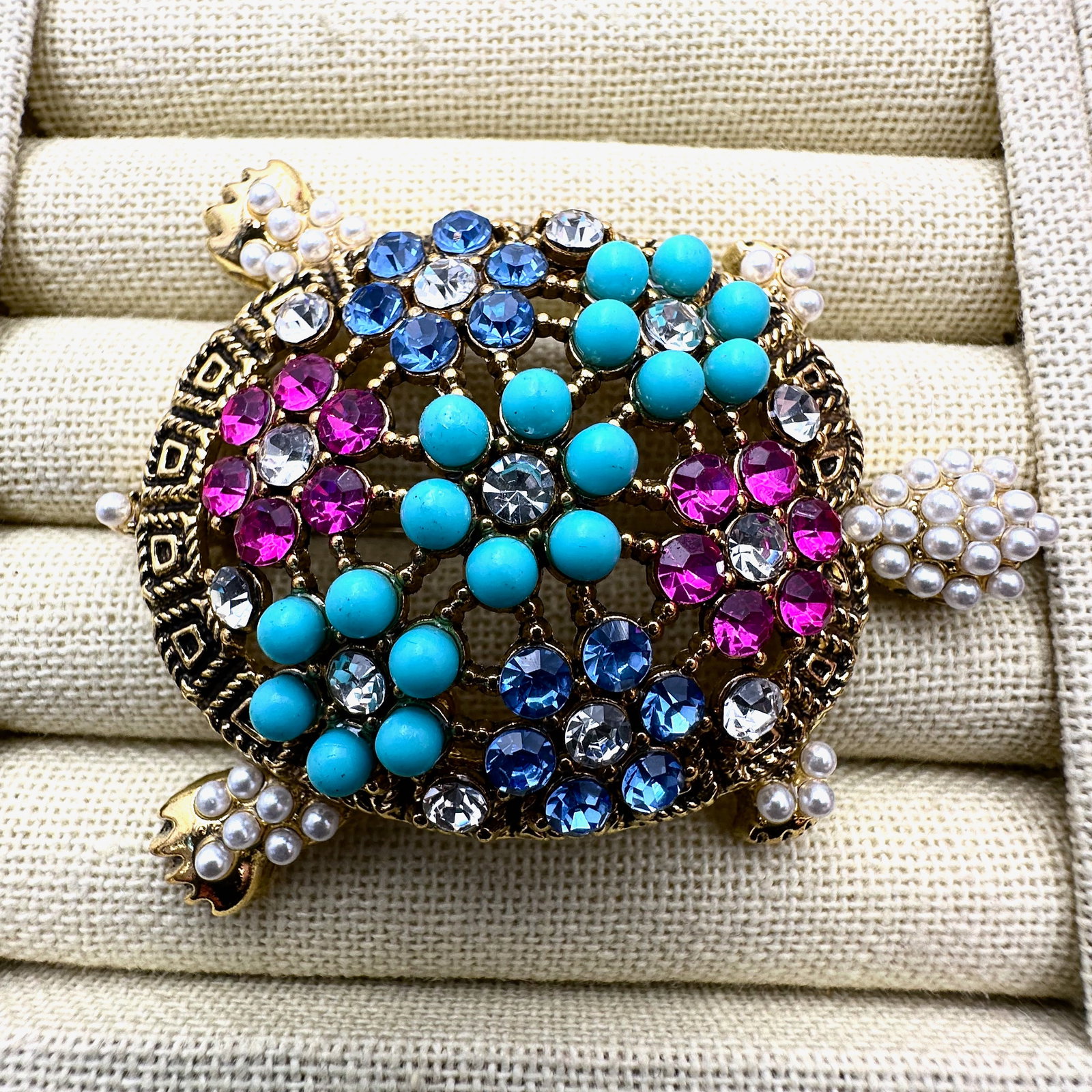 Large Multicolor Rhinestone Faux Pearl Gold Tone Turtle Brooch Pin 2.5 Inch: Large Multicolor Rhinestone Faux Pearl Gold Tone Turtle Brooch Pin 2.5 Inch