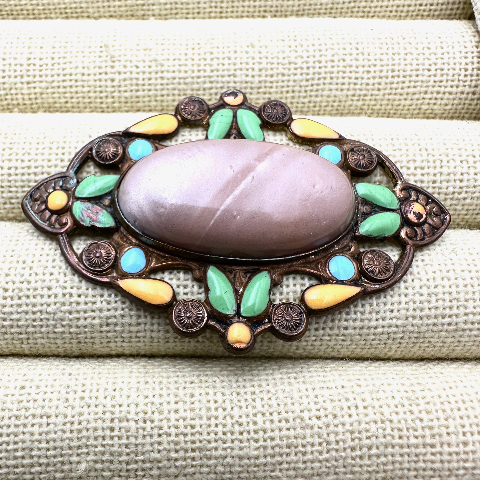 Antique Enamel and Art Glass Cabochon Gold Tone Brooch Pin 2.5 Inch: Antique Enamel and Art Glass Cabochon Gold Tone Brooch Pin 2.5 Inch