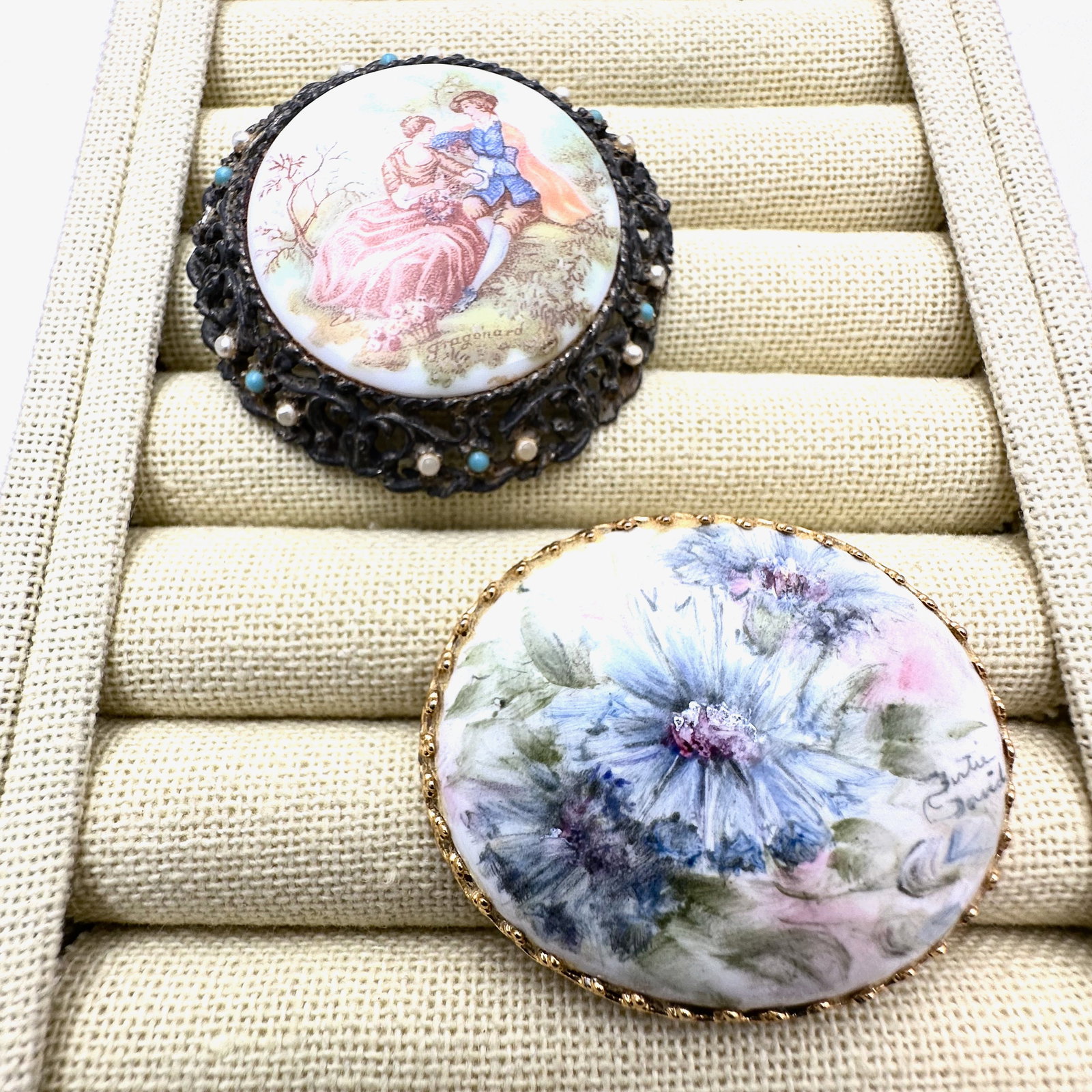 Vintage Portrait Pin Courting Couple and Hand Painted Floral Ceramic Brooch Pin: Vintage Portrait Pin Courting Couple and Hand Painted Floral Ceramic Brooch Pin