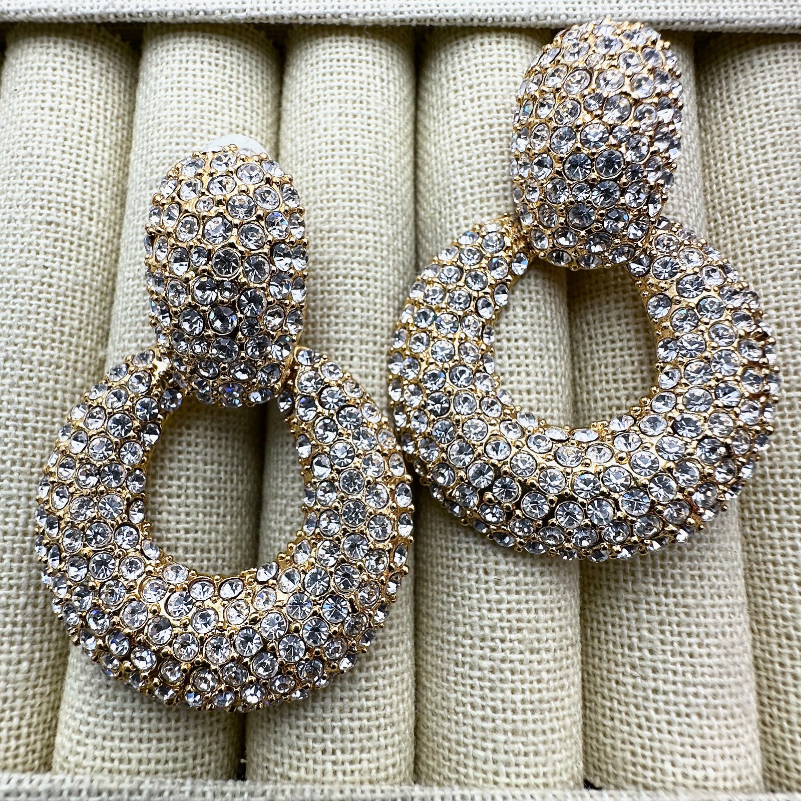 Vintage Clear Rhinestone Gold Tone 2 Inch Door Knocker Clip Earrings (1 of 2)