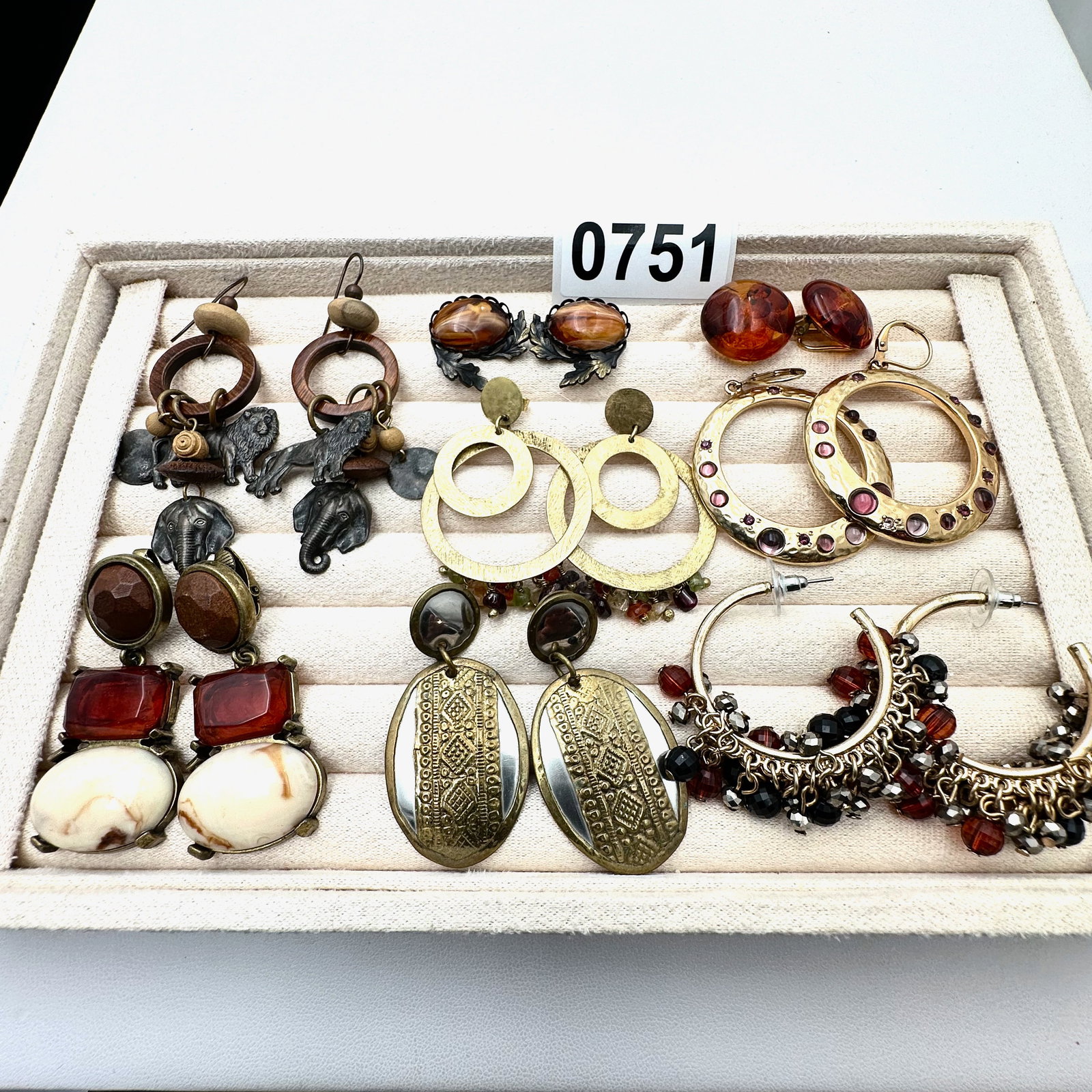 Vintage and Modern Group Lot of Pierced and Clip Earrings 1 Natural Amber, Elephant Tiger: Vintage and Modern Group Lot of Pierced and Clip Earrings 1 Natural Amber, Elephant Tiger