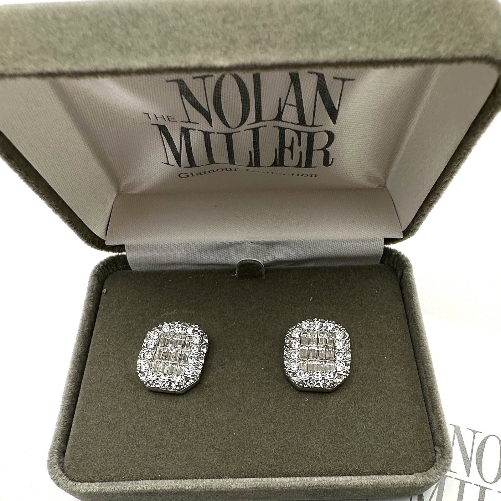 Vintage Nolan Miller Clear Crystal Rhodium Plated Pierced Earrings Original Box and Paperwork: Vintage Nolan Miller Clear Crystal Rhodium Plated Pierced Earrings Original Box and Paperwork Included