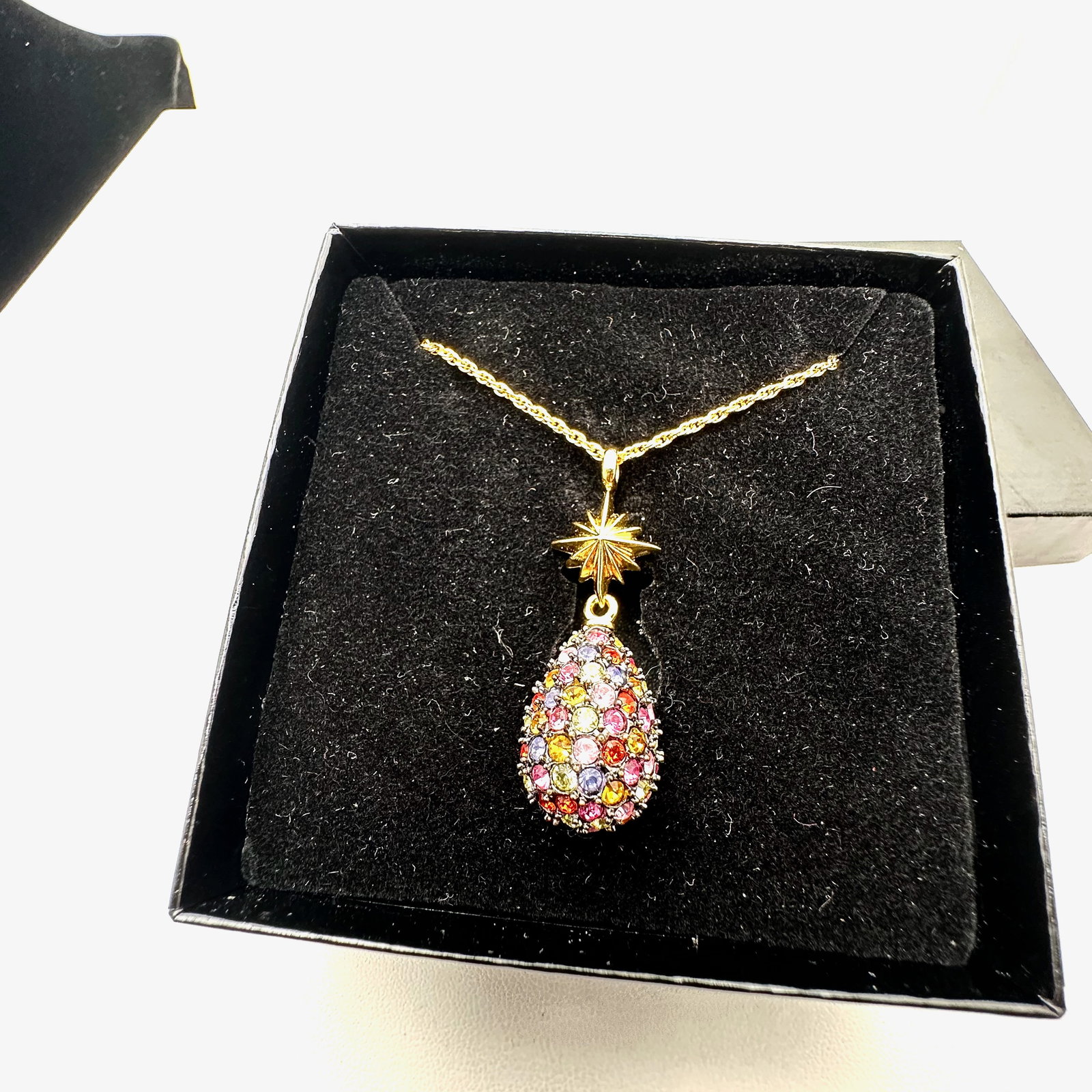 Vintage Joan Rivers Multicolor Crystal Gold Tone Egg Pendant Necklace Original Box Included: Vintage Joan Rivers Multicolor Crystal Gold Tone Egg Pendant Necklace Original Box Included