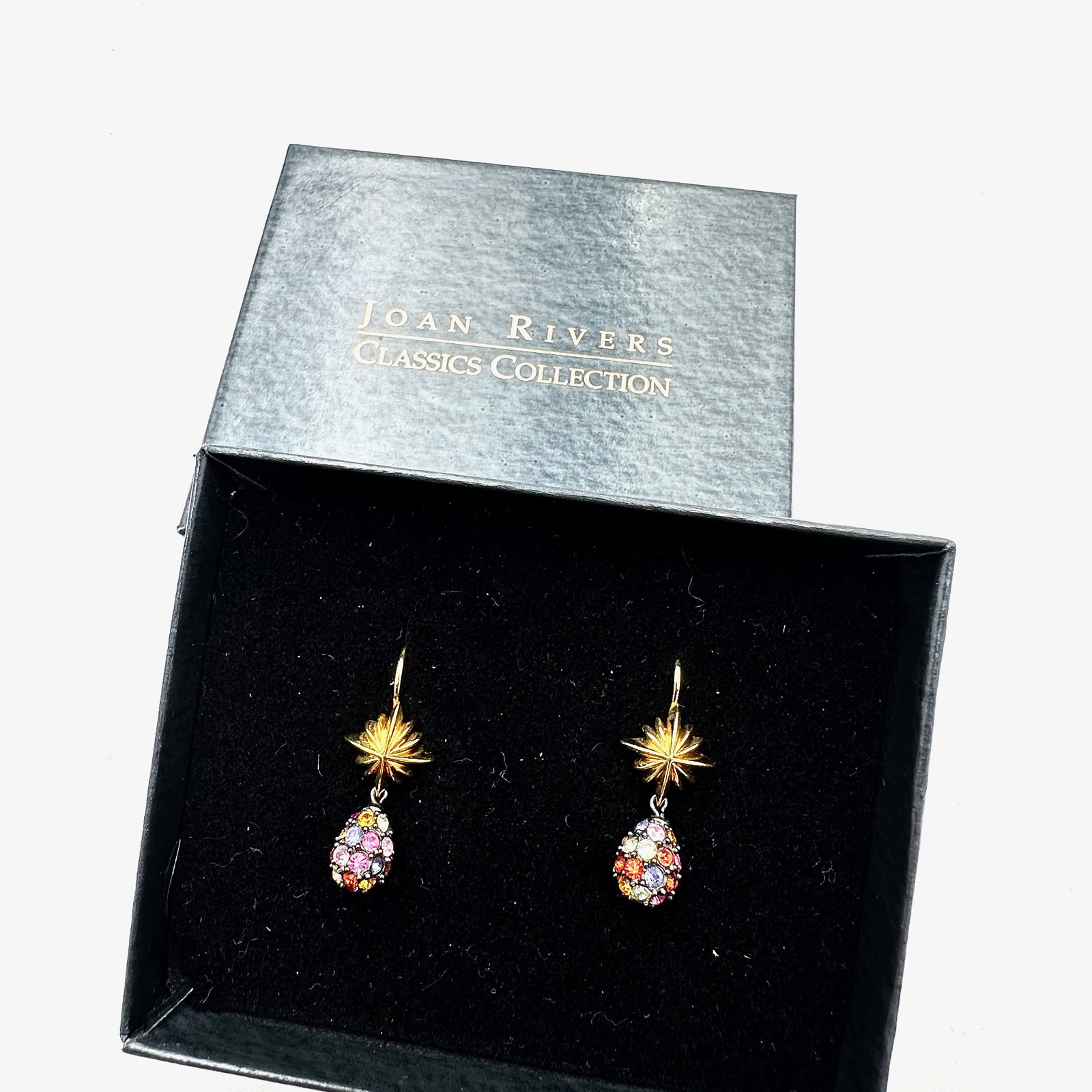 Vintage Joan Rivers Multicolor Crystal Gold Tone Egg Earrings Original Box Included: Vintage Joan Rivers Multicolor Crystal Gold Tone Egg Earrings Original Box Included