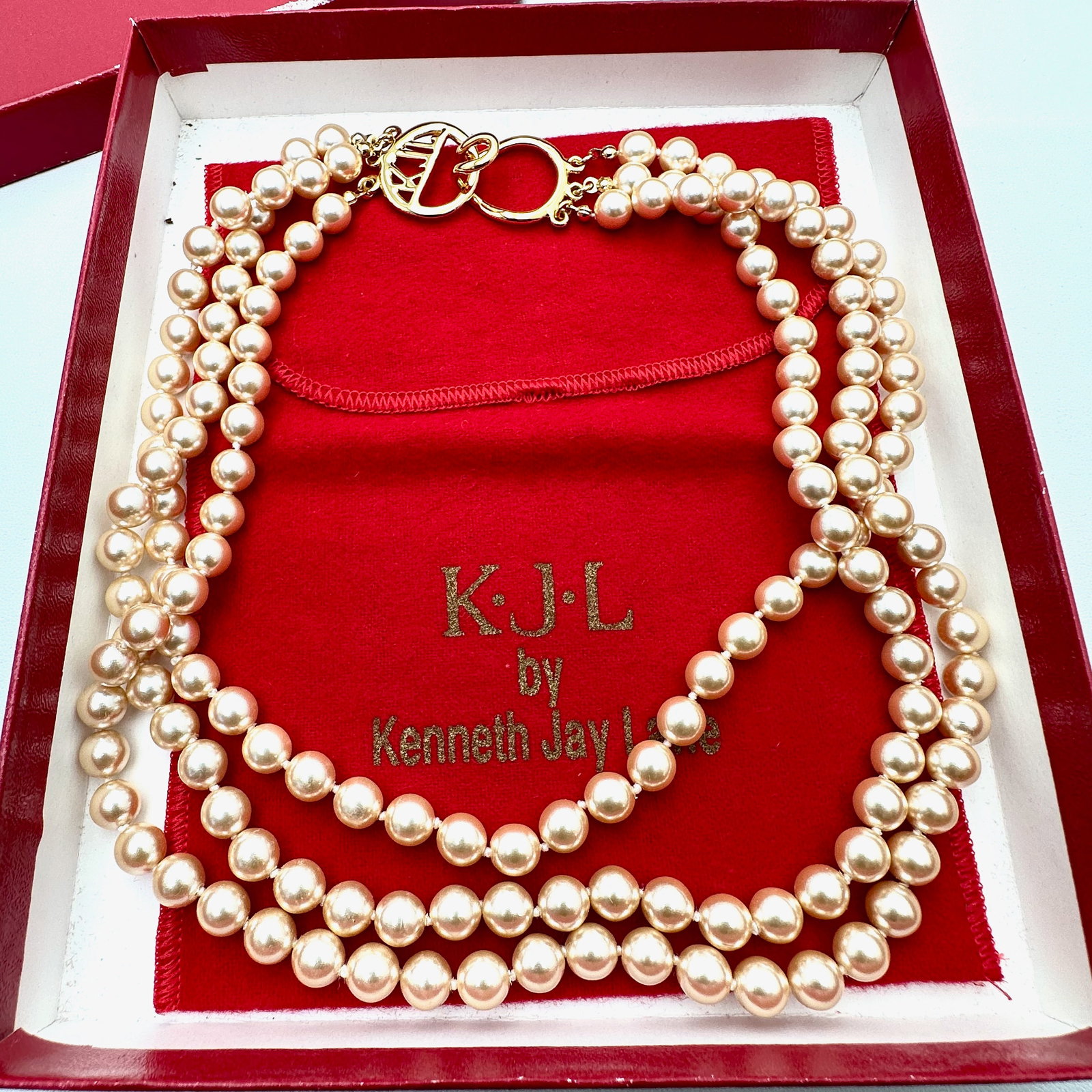 Vintage Kenneth Jay Lane Faux Glass Pearl Gold Tone Necklace Original Box Included with Pouche (1 of 2)