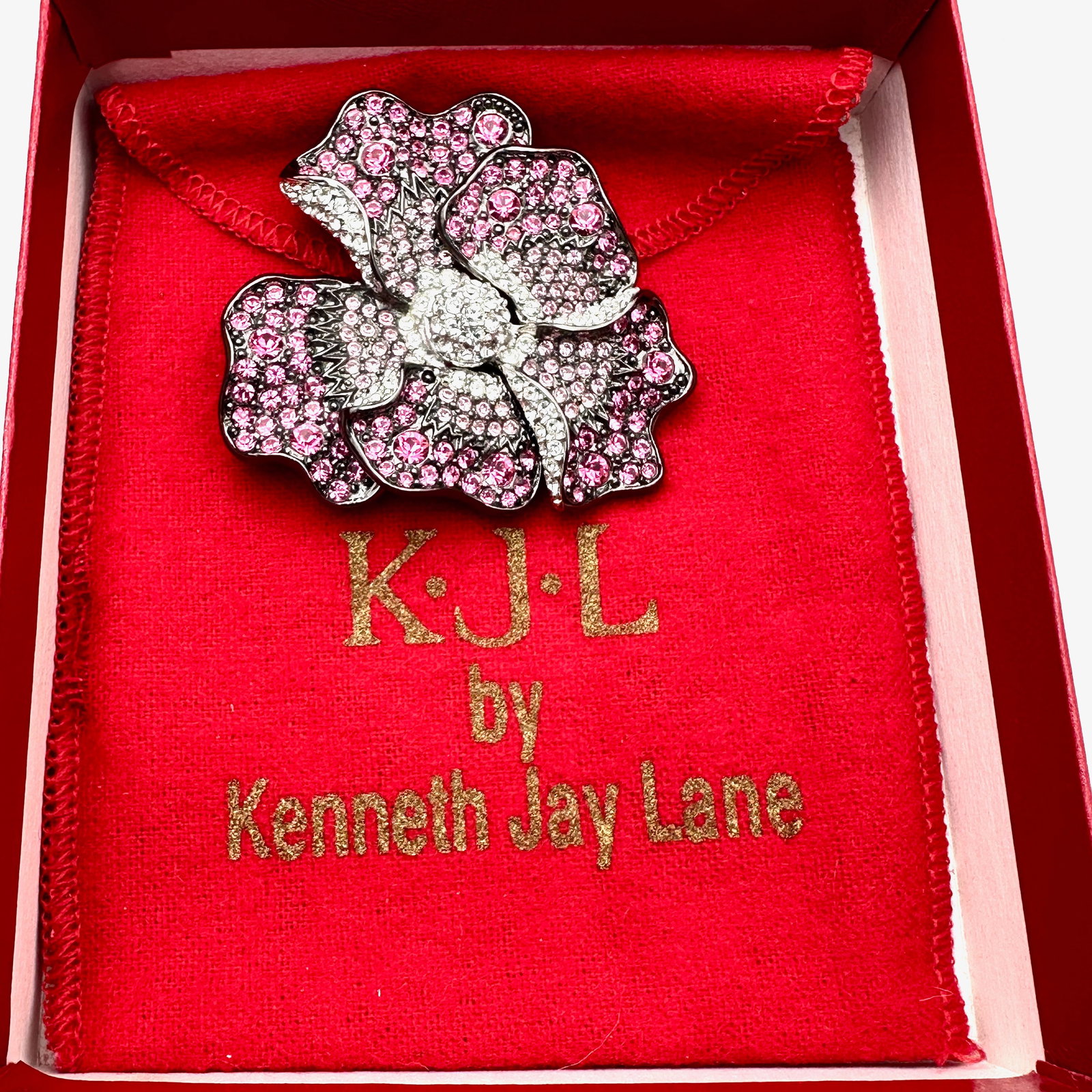 Vintage Kenneth Jay Lane Pink Crystal Pansy Brooch Pin In Original Box with Pouche: Vintage Kenneth Jay Lane Pink Crystal Pansy Brooch Pin In Original Box with Pouche