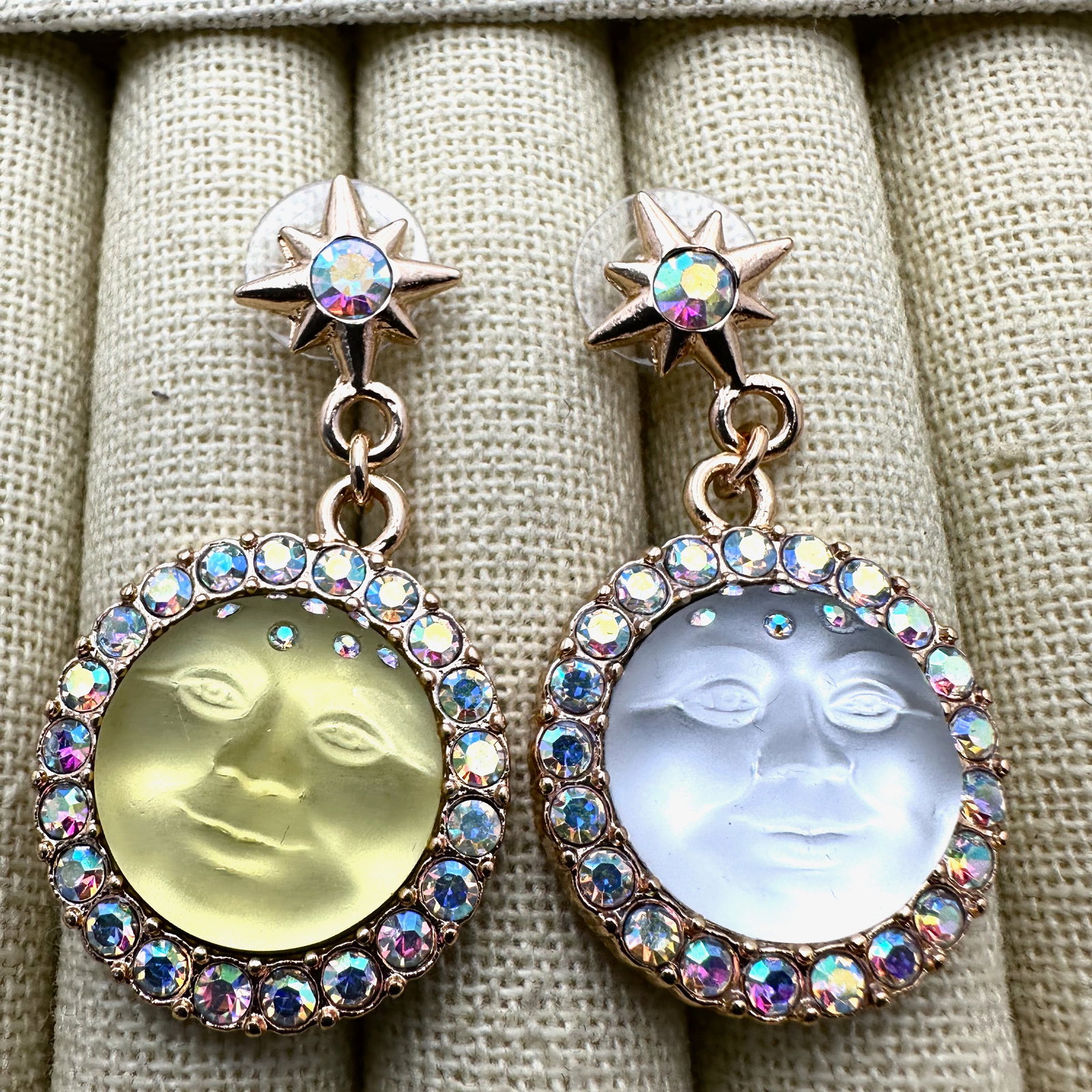 Kirks Folly Yellow and Opalescent Crystal Moon Face Pierced Earrings 2 Inch (1 of 2)