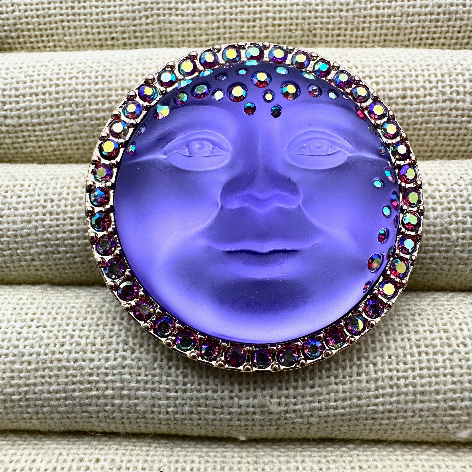 Kirks Folly Purple Moon Face Crystal Gold Tone Brooch Pin 1.75 Inch (1 of 2)