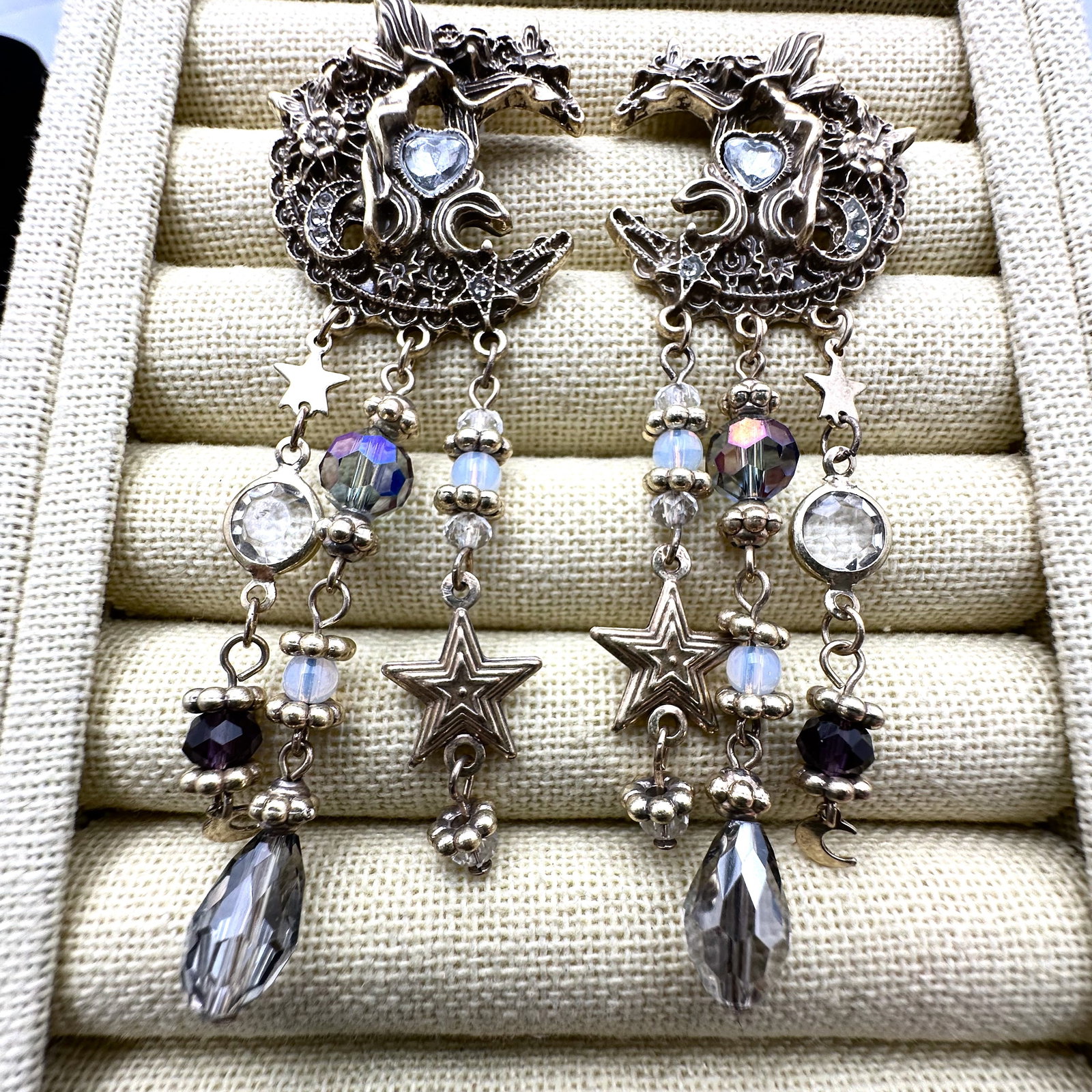 Fairy Moon Starts Gold Tone Crystal Pierced Earrings 4 Inch Length: Fairy Moon Starts Gold Tone Crystal Pierced Earrings 4 Inch Length