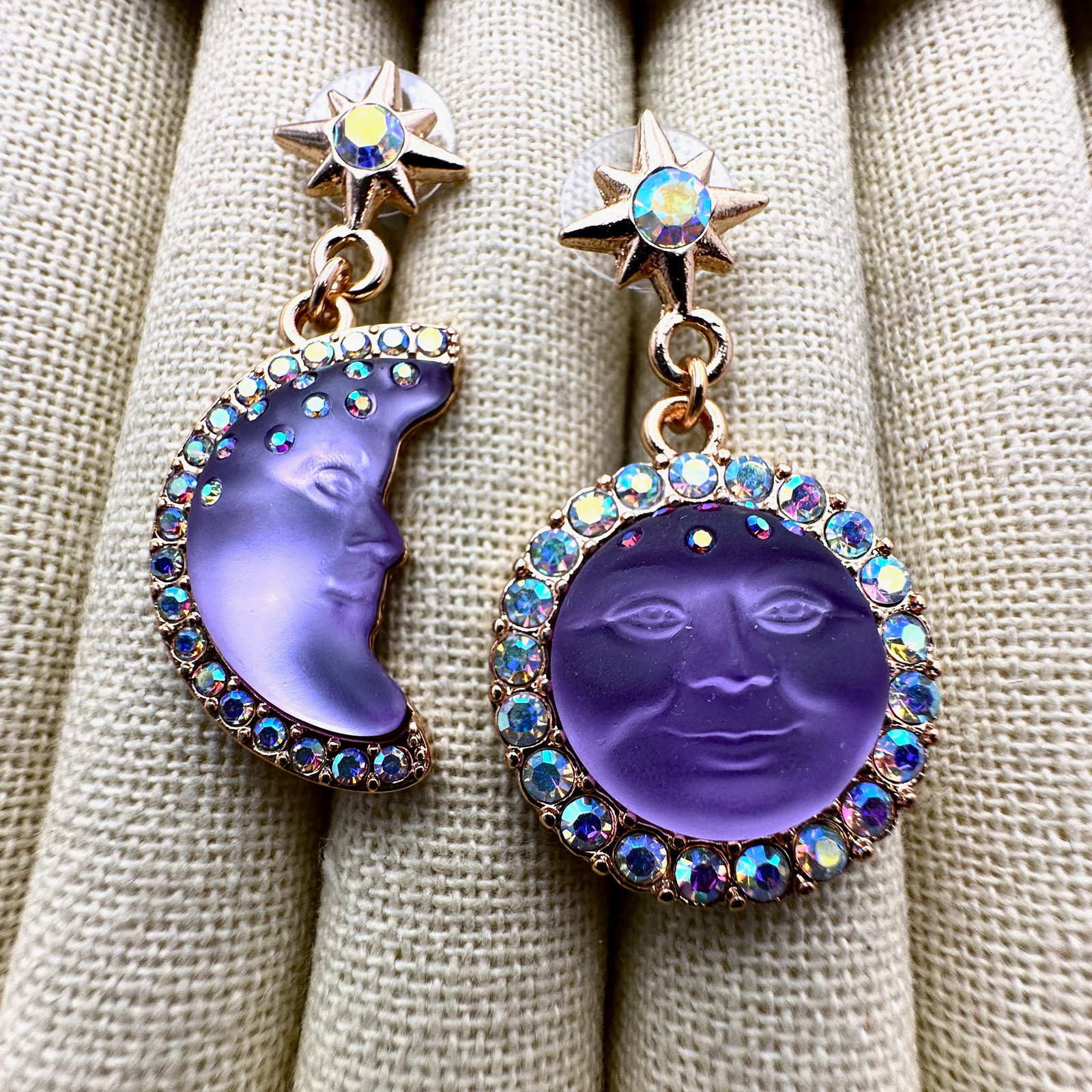 Kirks Folly Moon Face Crystal Gold tone Pierced Earrings 2 Inch (1 of 2)