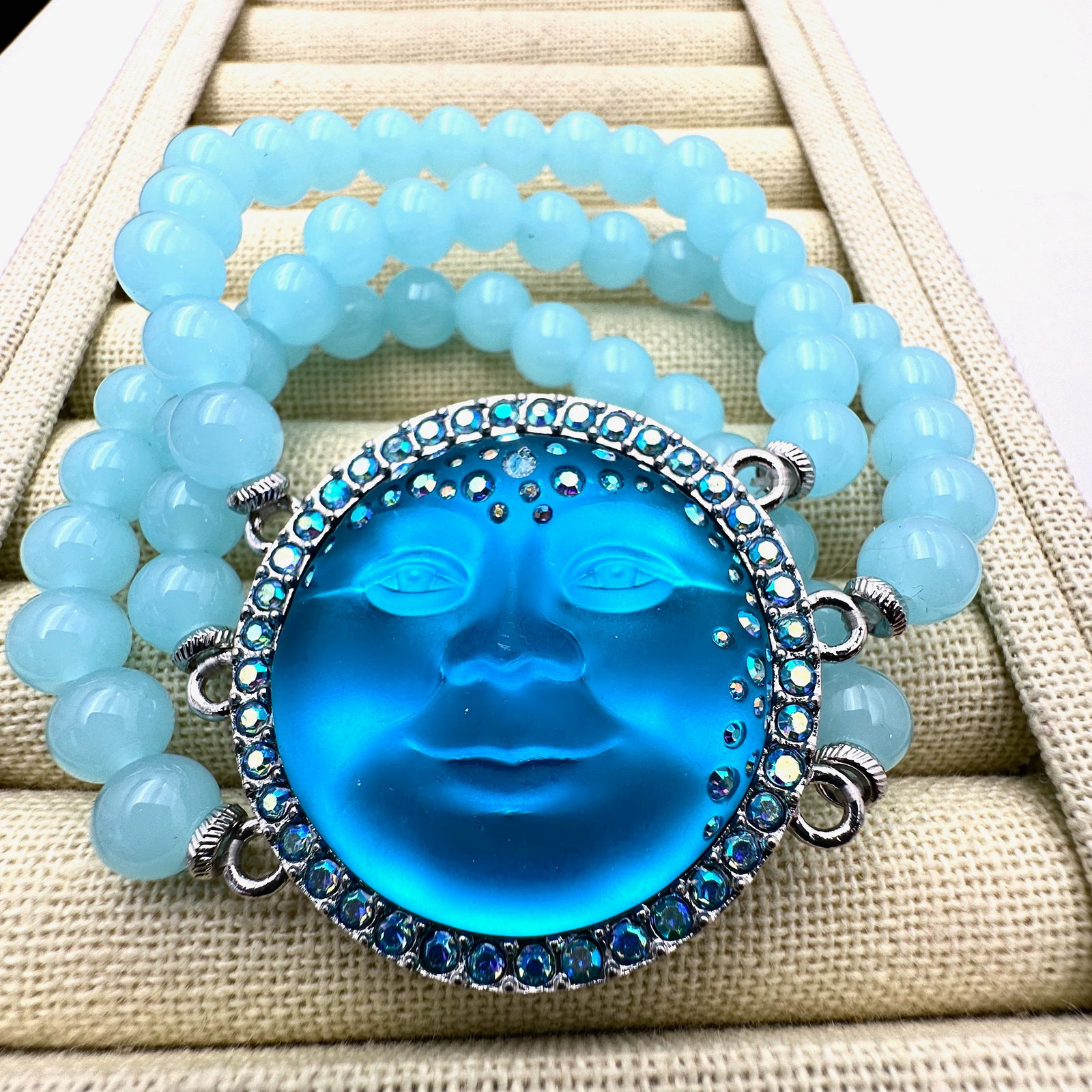 Kirks Folly Blue Moon Face Beaded Silver Tone Bracelet (1 of 2)