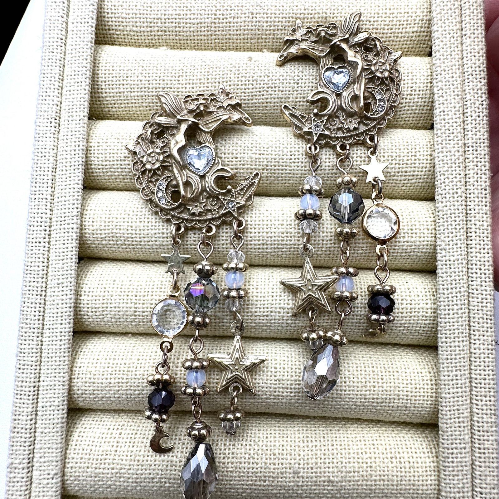 Fairy Moon Starts Gold Tone Crystal Pierced Earrings 4 Inch Length: Fairy Moon Starts Gold Tone Crystal Pierced Earrings 4 Inch Length