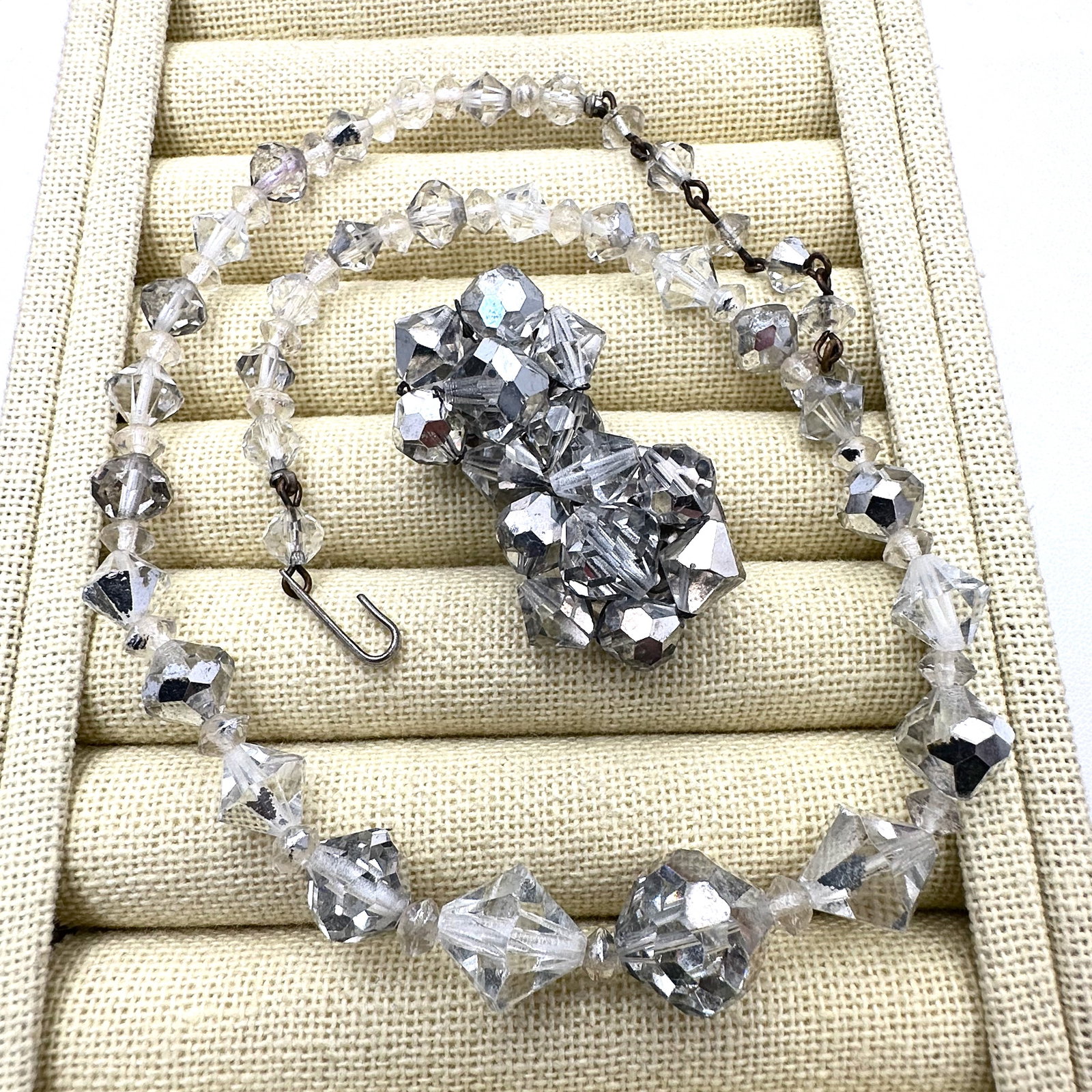 Vintage Aurora Borealis Crystal Necklace and Clip Earrings: Vintage Aurora Borealis Crystal Necklace and Clip Earrings