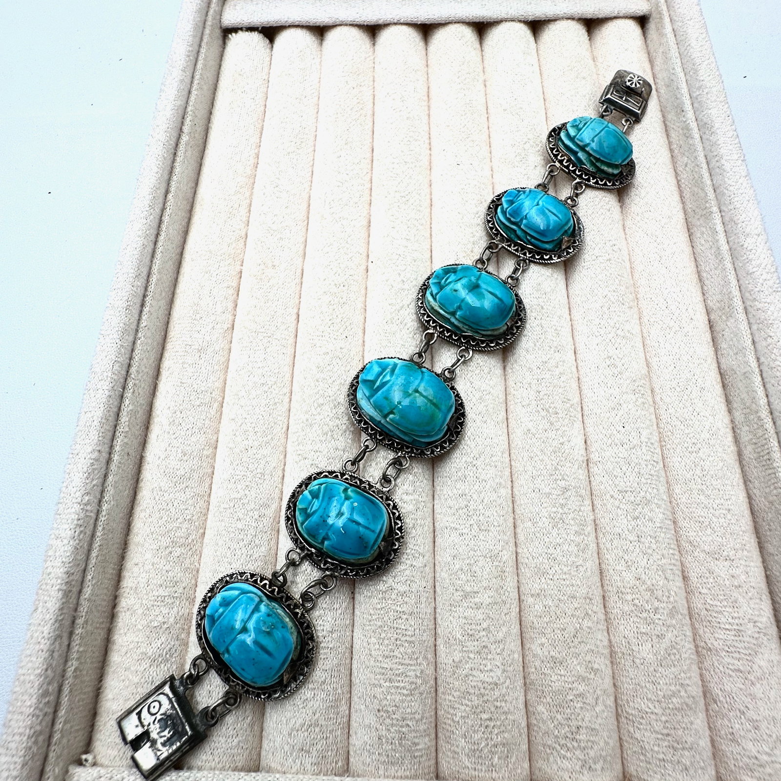Vintage Turquoise Blue Faience Scarab Silver Bracelet 7 Inch: Vintage Turquoise Blue Faience Scarab Silver Bracelet 7 Inch
