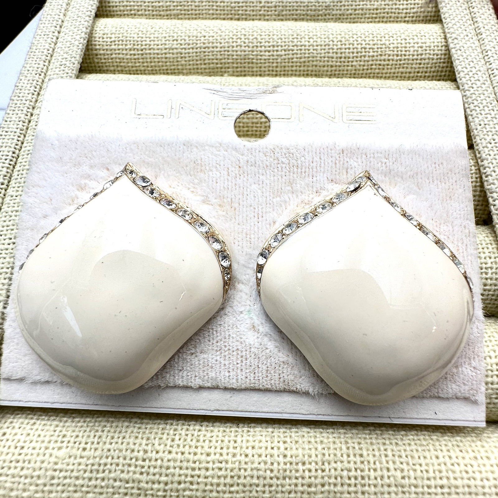 Vintage Cream Enamel Clear Rhinestone Gold Tone Clip Earrings on Original Card: Vintage Cream Enamel Clear Rhinestone Gold Tone Clip Earrings on Original Card