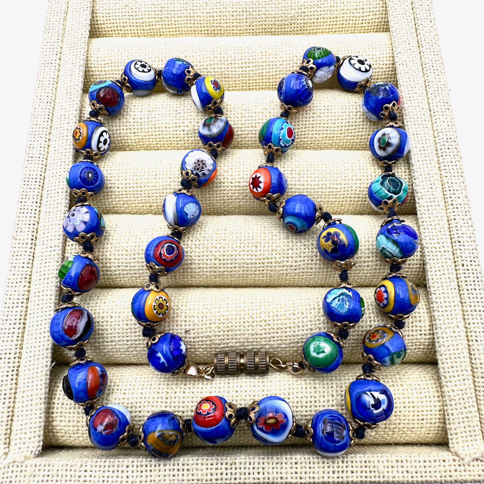 Vintage Italian Blue Millefiori Glass Bead Necklace 18 Inch Length: Vintage Italian Blue Millefiori Glass Bead Necklace 18 Inch Length