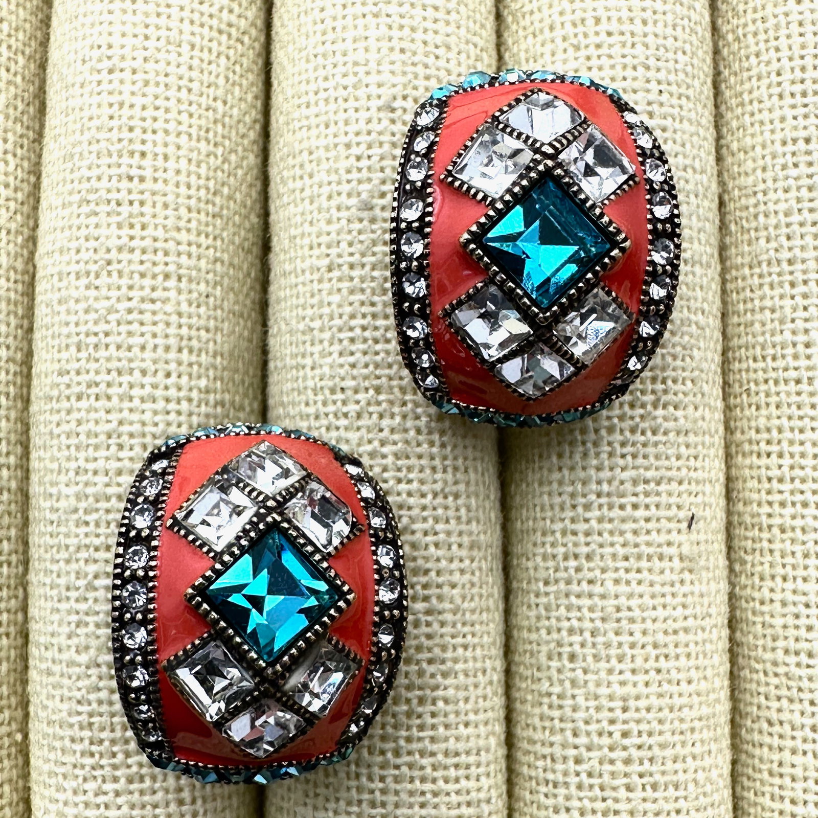 Heidi Daus Coral Colored Enamel Turquoise Blue Crystal Bronze Tone Pierced Lever Back Earrings: Heidi Daus Coral Colored Enamel Turquoise Blue Crystal Bronze Tone Pierced Lever Back Earrings