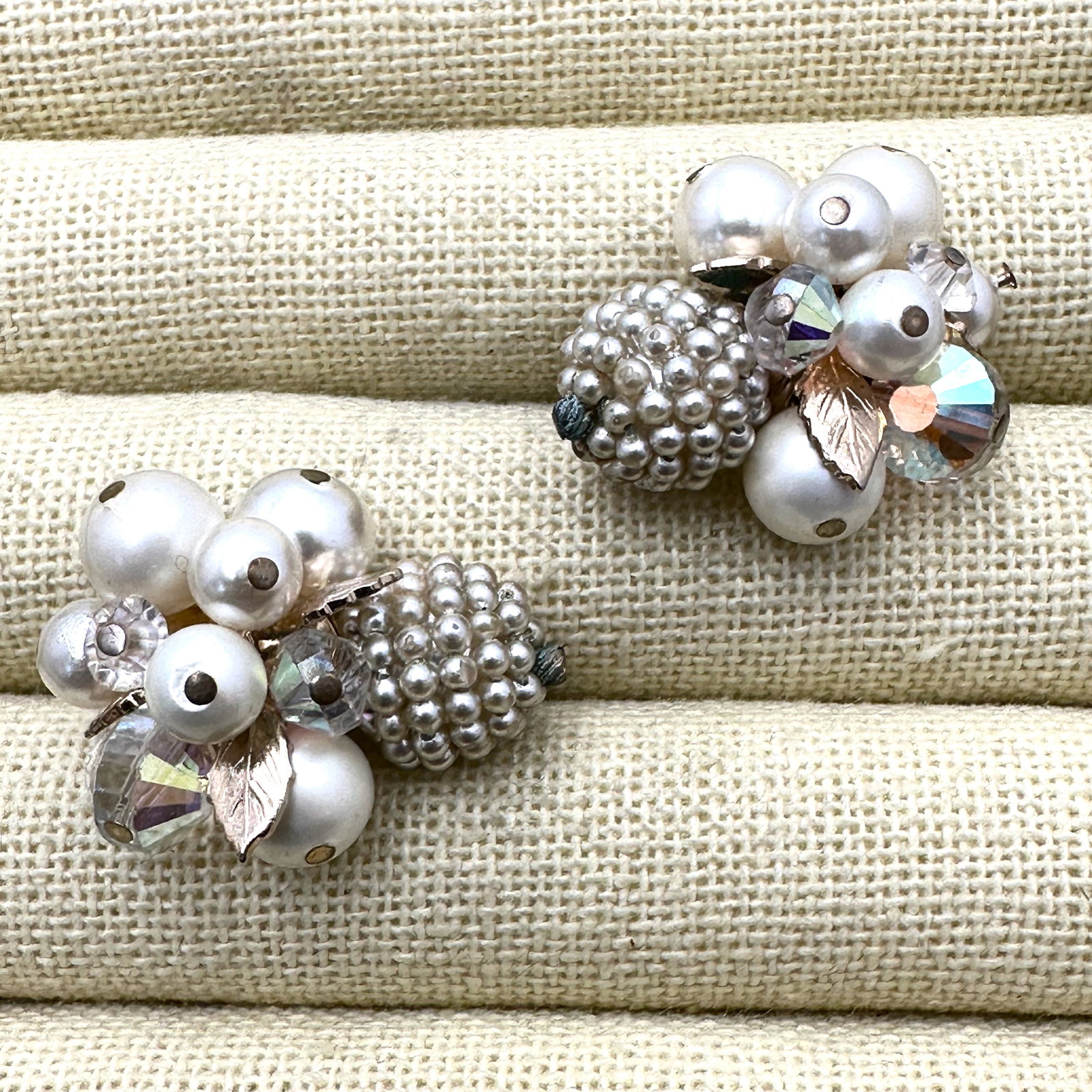 Vintage Vendome Faux Pearl and Crystal Gold Tone Clip Earrings: Vintage Vendome Faux Pearl and Crystal Gold Tone Clip Earrings