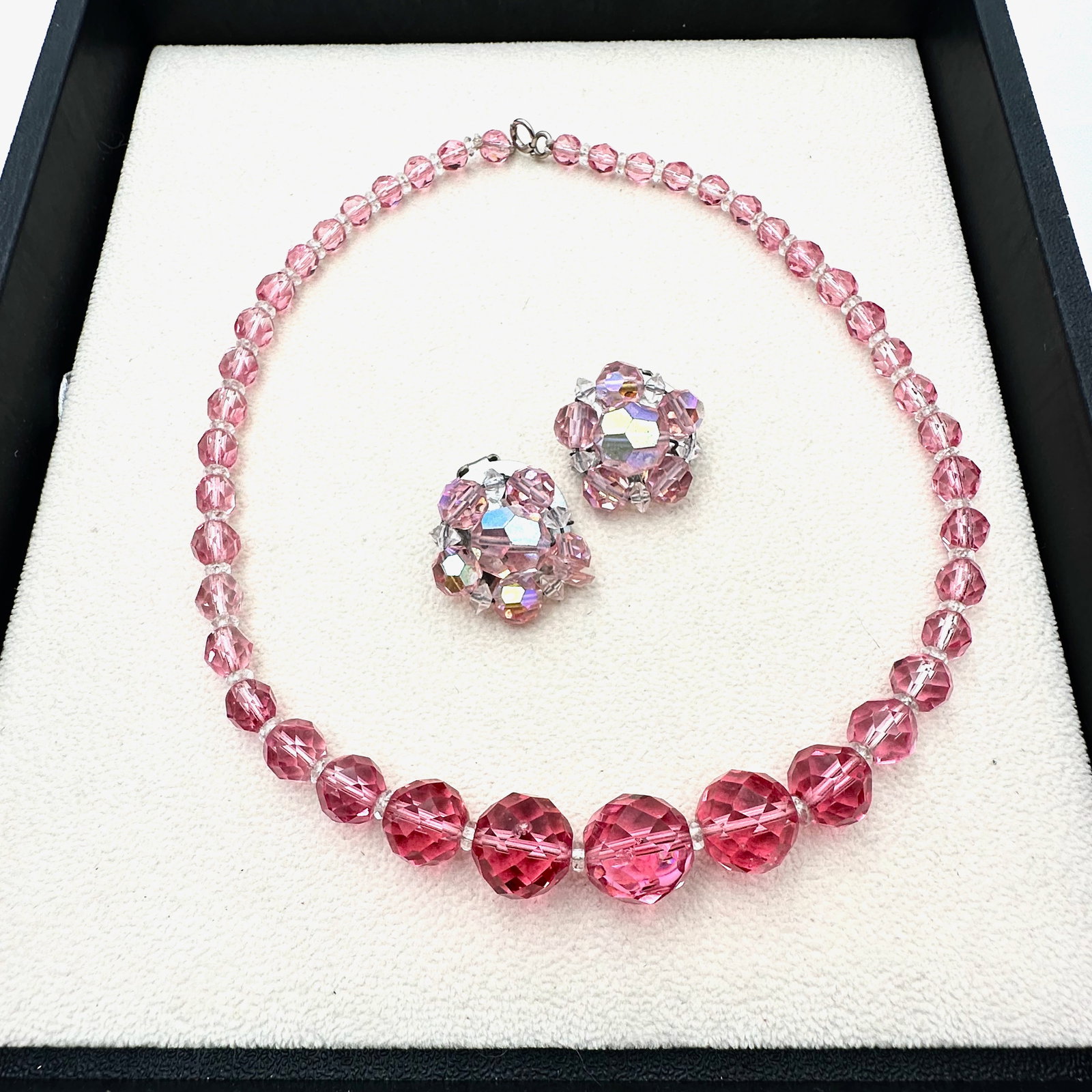 Vintage Pink Crystal Necklace and Clip Earrings Set: Vintage Pink Crystal Necklace and Clip Earrings Set