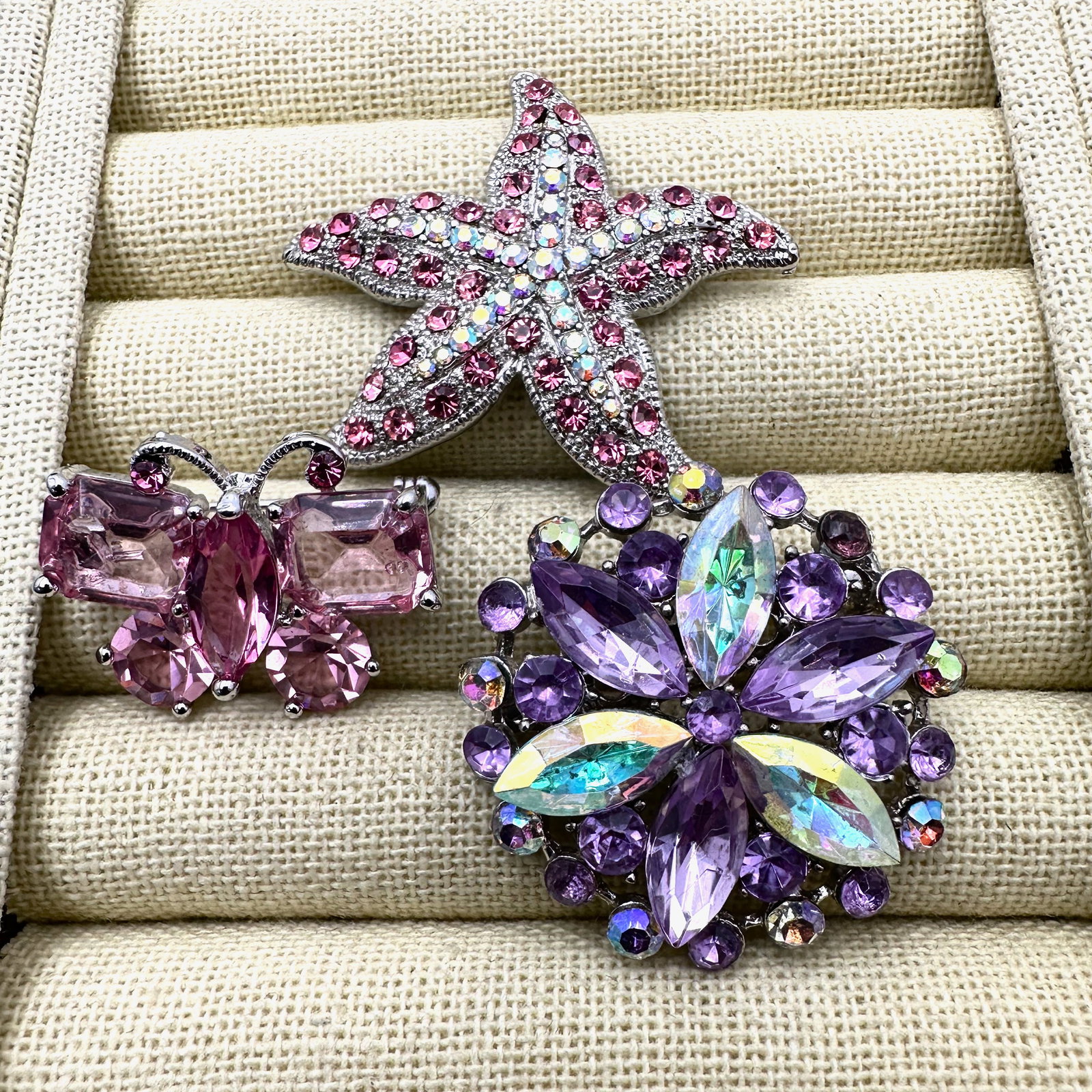 Vintage Lot of Rhinestone Brooches Pins Pink Purple Butterfly Star Fish: Vintage Lot of Rhinestone Brooches Pins Pink Purple Butterfly Star Fish