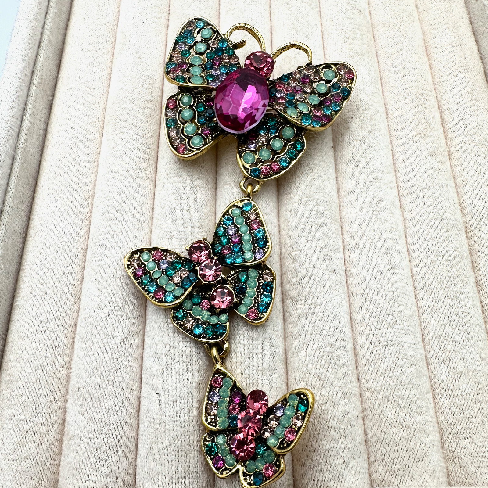 Triple Butterfly Crystal Pendant Brooch Pin 4 Inch Length (1 of 2)