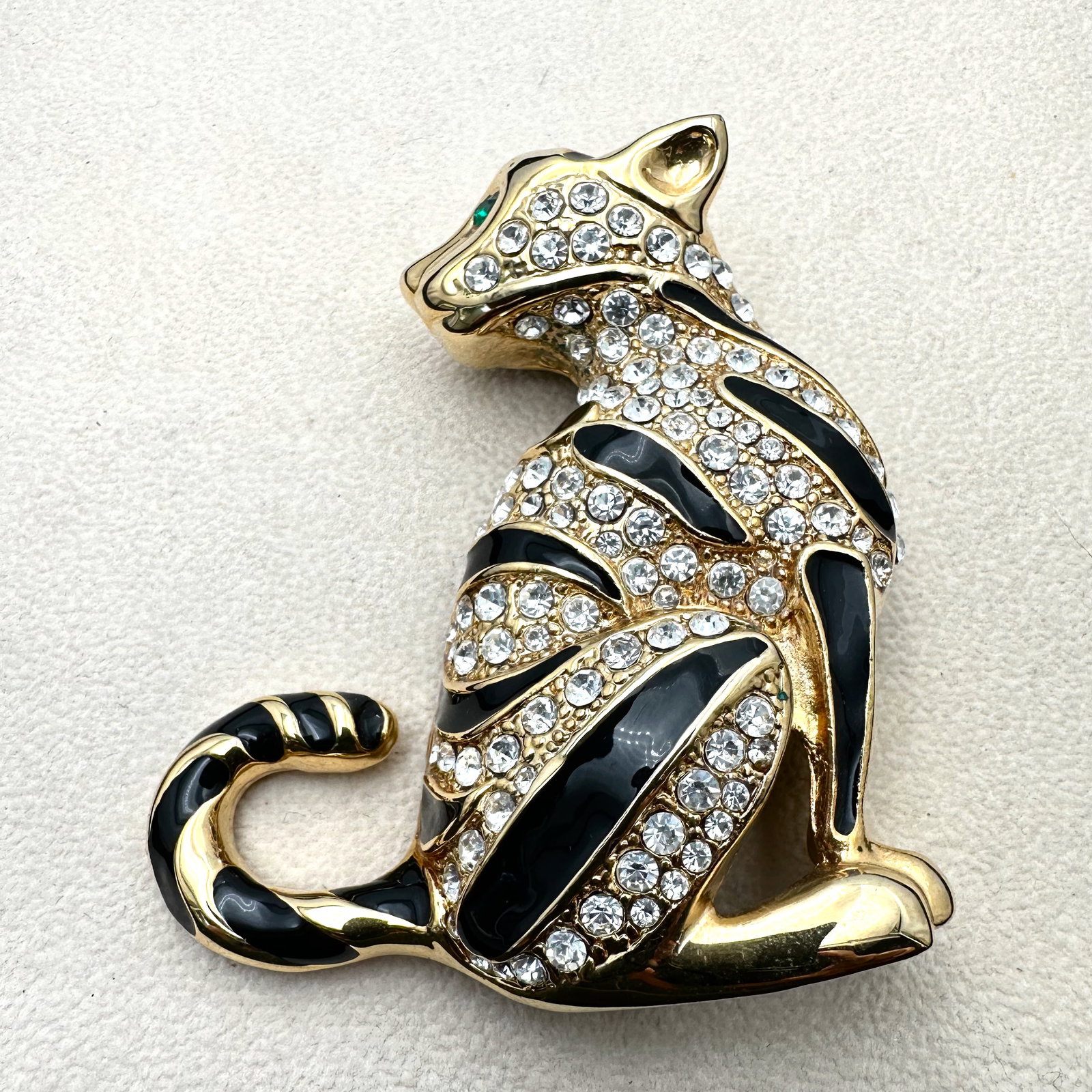 Vintage Huge Big Cat Black Enamel Clear Rhinestone Gold Tone Brooch Pin 3 Inch (1 of 2)