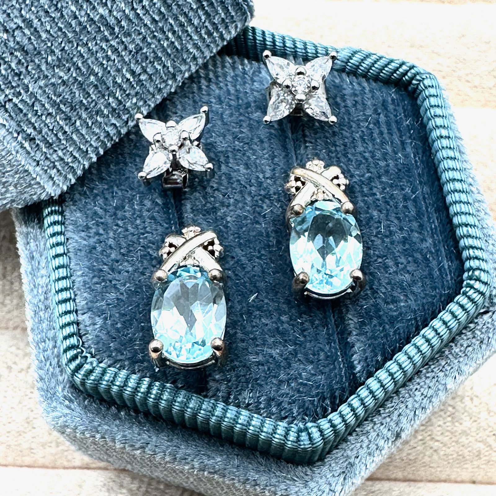 Blue Topaz Diamond Accent Pierced Earrings and CZ Flower Studs Box Included (1 of 2)