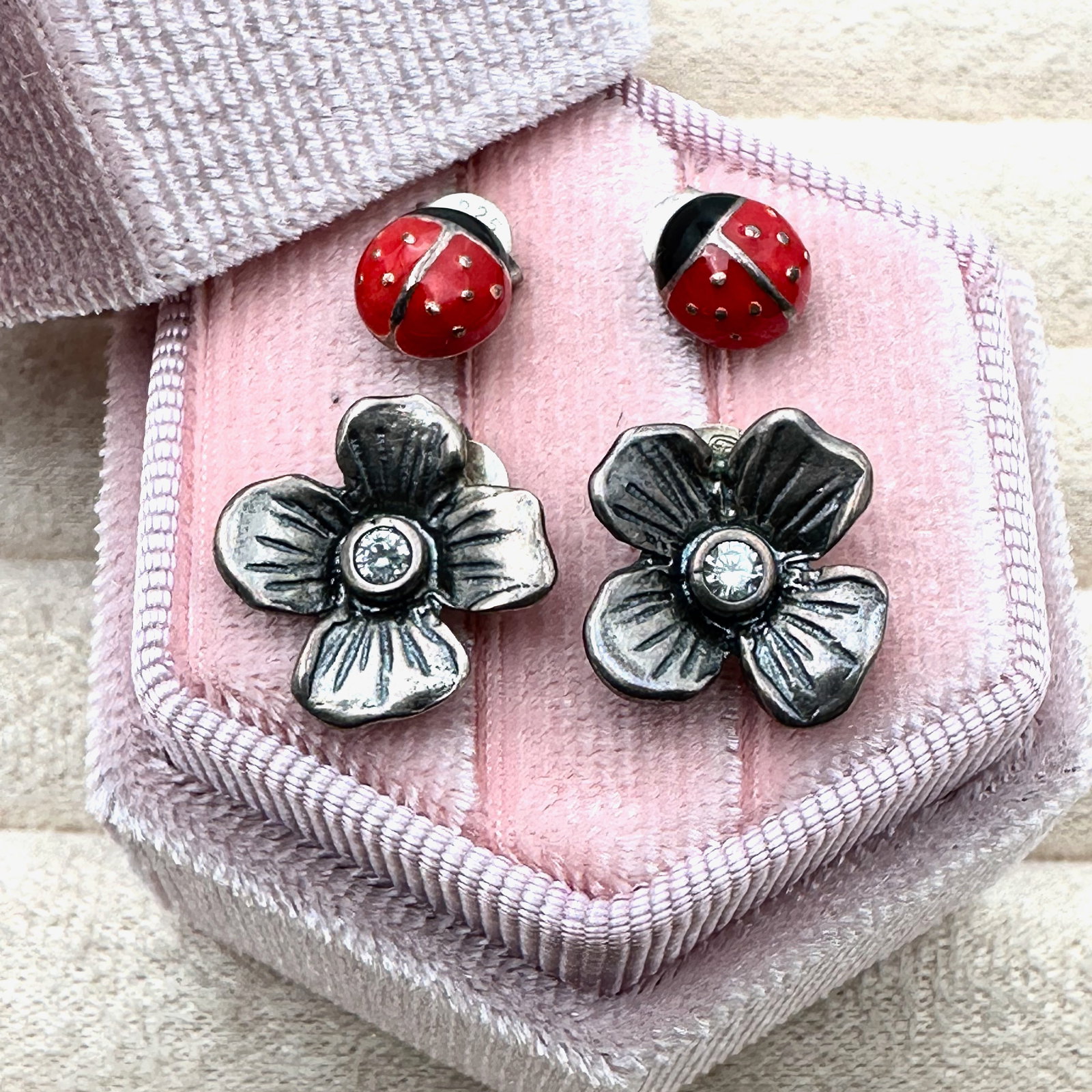 Diamond Sterling Silver Flower Earrings and Enamel Lady Bug Pierced Earrings Box Included: Diamond Sterling Silver Flower Earrings and Enamel Lady Bug Pierced Earrings Box Included