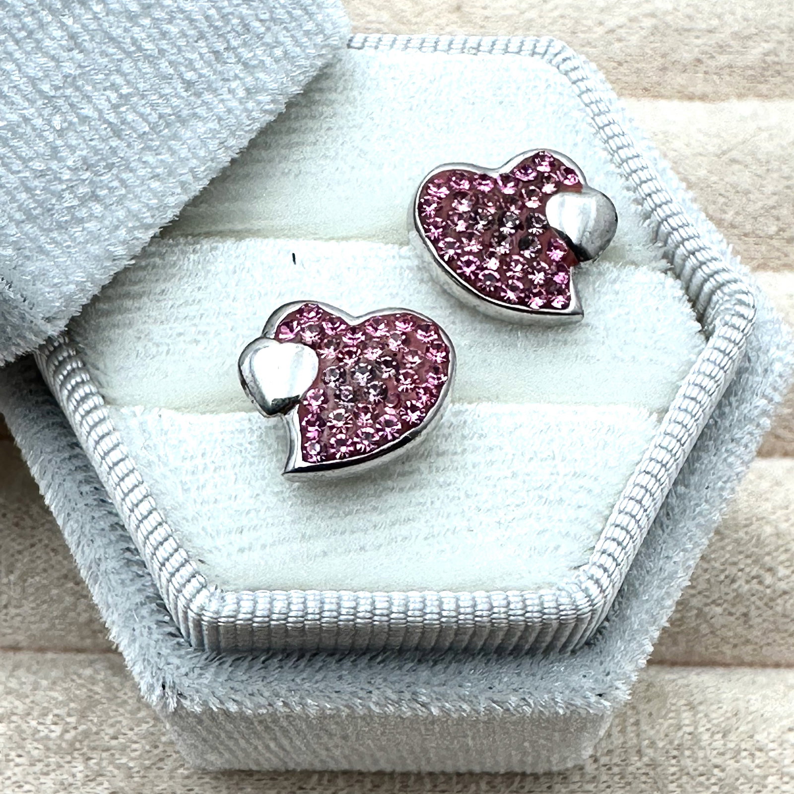 Pink Crystal Heart Sterling Silver Pierced Earrings Box Included: Pink Crystal Heart Sterling Silver Pierced Earrings Box Included