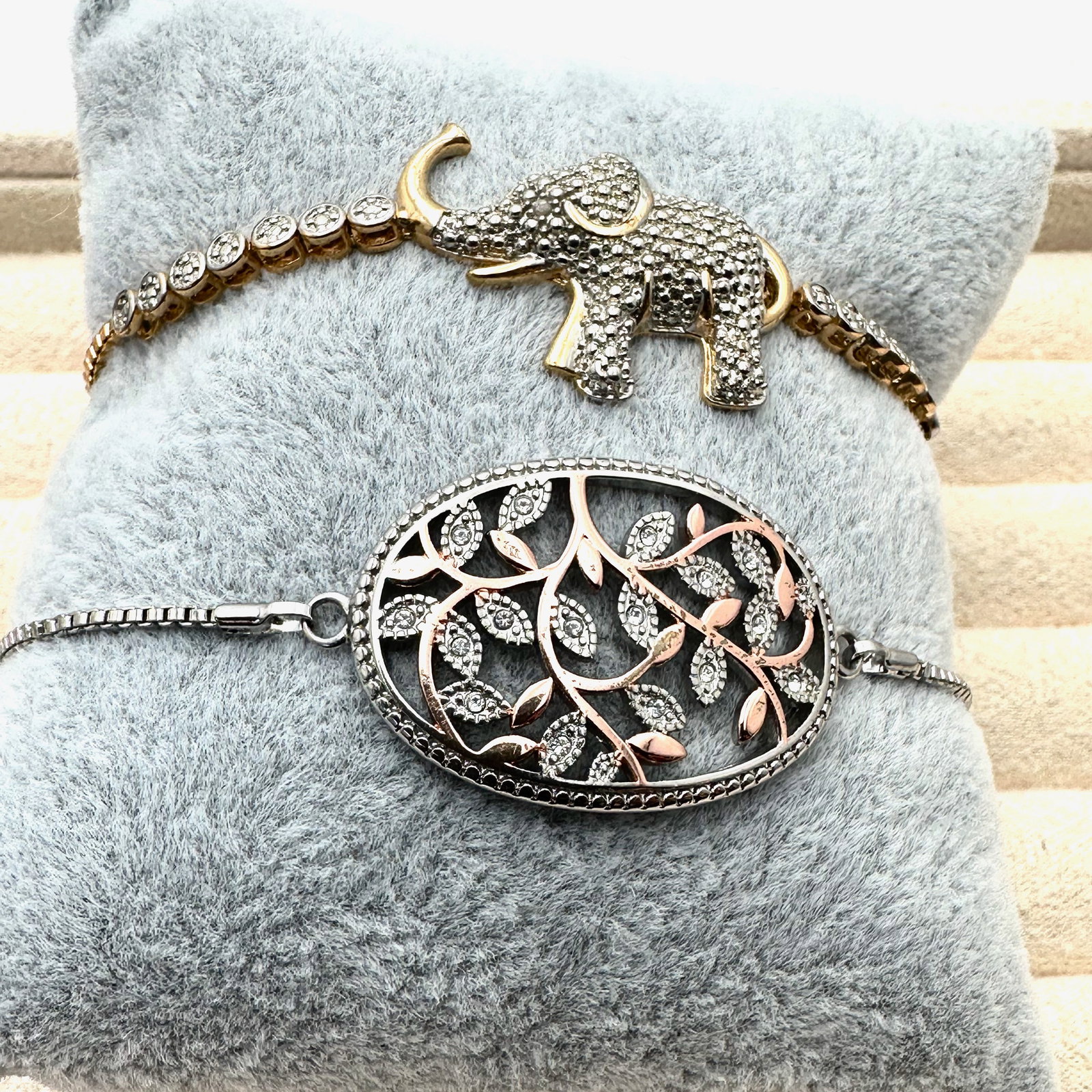 Group Lot of Gold and Silver Plated Diamond Accent Bracelets Tree of Life and Elephant Design: Group Lot of Gold and Silver Plated Diamond Accent Bracelets Tree of Life and Elephant Design